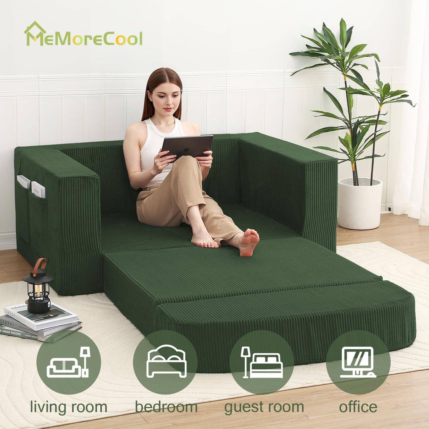 MeMoreCool Green Corduroy Fold-Out Loveseat Sofa Bed – Boneless Convertible Floor Couch with Foam, Compact Sleeper Futon with Washable Cover, No Assembly Required for Small Spaces & Bedroom