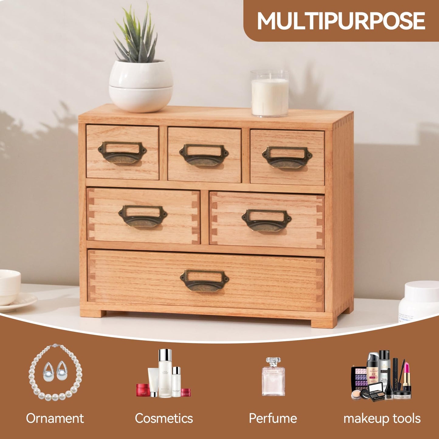 KIRIGEN Wood Desk Drawer Cabinet Organizer, 6-Drawer Mini Storage Chest with Metal Label Holder Handles, Fully Assembled Desktop Organizer for Office Supplies, Crafts, Makeup, Natural 3D6CG-NA