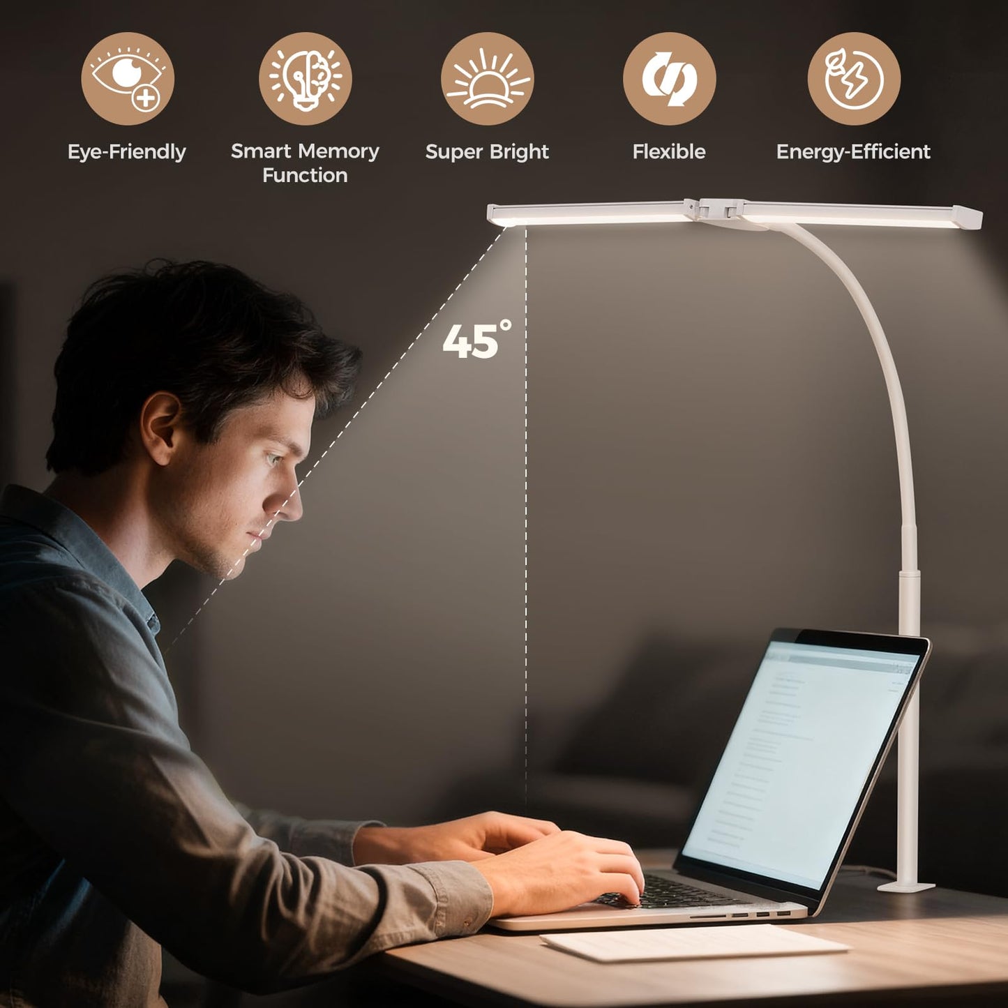 Voncerus LED Desk Lamp for Home Office, Double Head Architect Light with Clamp, Computer Monitor Clip on Light, 3 Modes and 10 Brightness, Adjustable Flexible Goose-Neck, Table Task Lamp, White