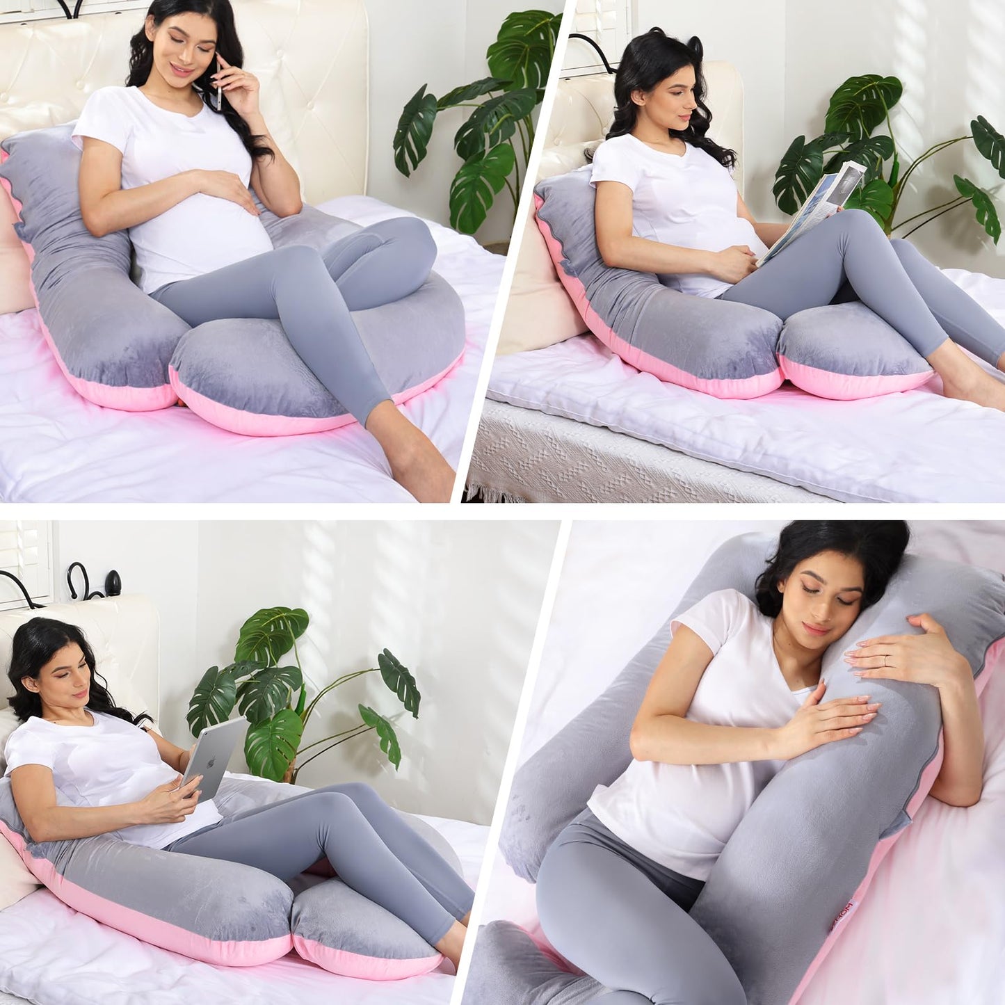 EZMOM Pregnancy Pillow for Sleeping, Soft 57“ Full Body Maternity Pillow, U Shaped with Removable Washable Cover, Support for Back, Belly, Leg, Hip, Neck & Shoulder (Pink & Grey)