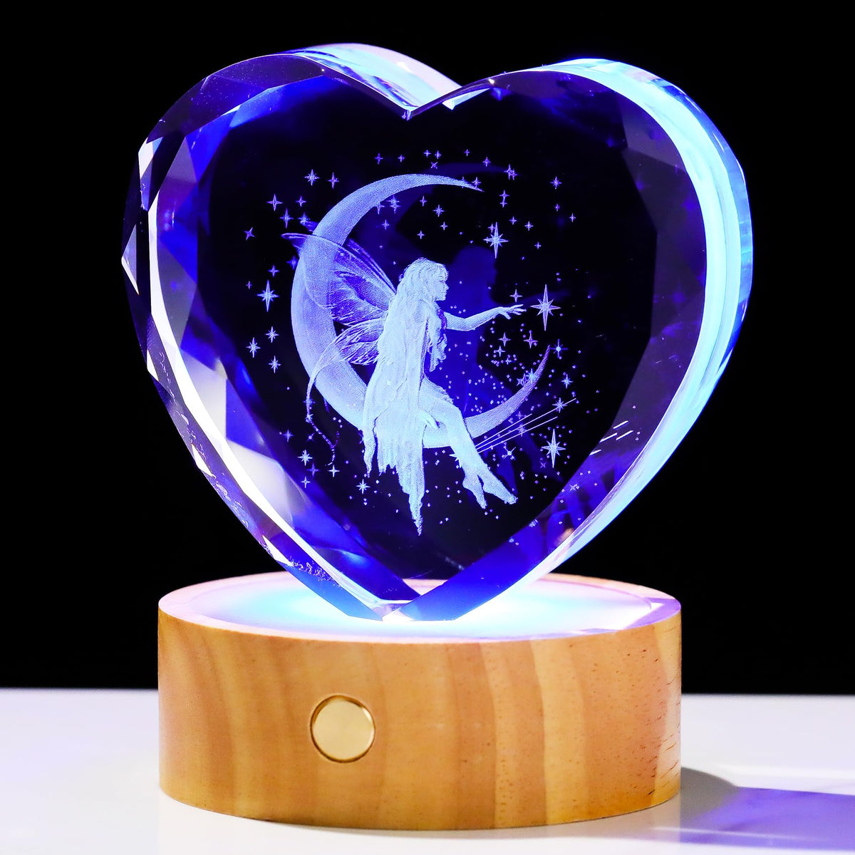 Arikyrist 3D Moon Fairy Figurines Crystal Heart for Women with Wooden Light Base - Glass Statue Witchy Gift for Girls Fairy Lovers Women Collectible Tinkerbell Night Light Home Decor