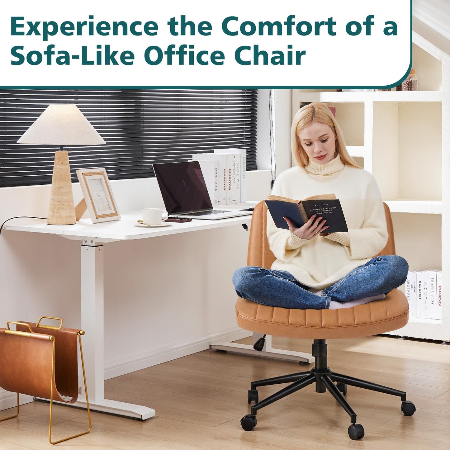 OLIXIS Criss Cross Chair with Wheels Wide Cross Legged Office Desk Vanity Chair Comfy Fabric Armless Adjustable Swivel for Home Computer Task PU Brown