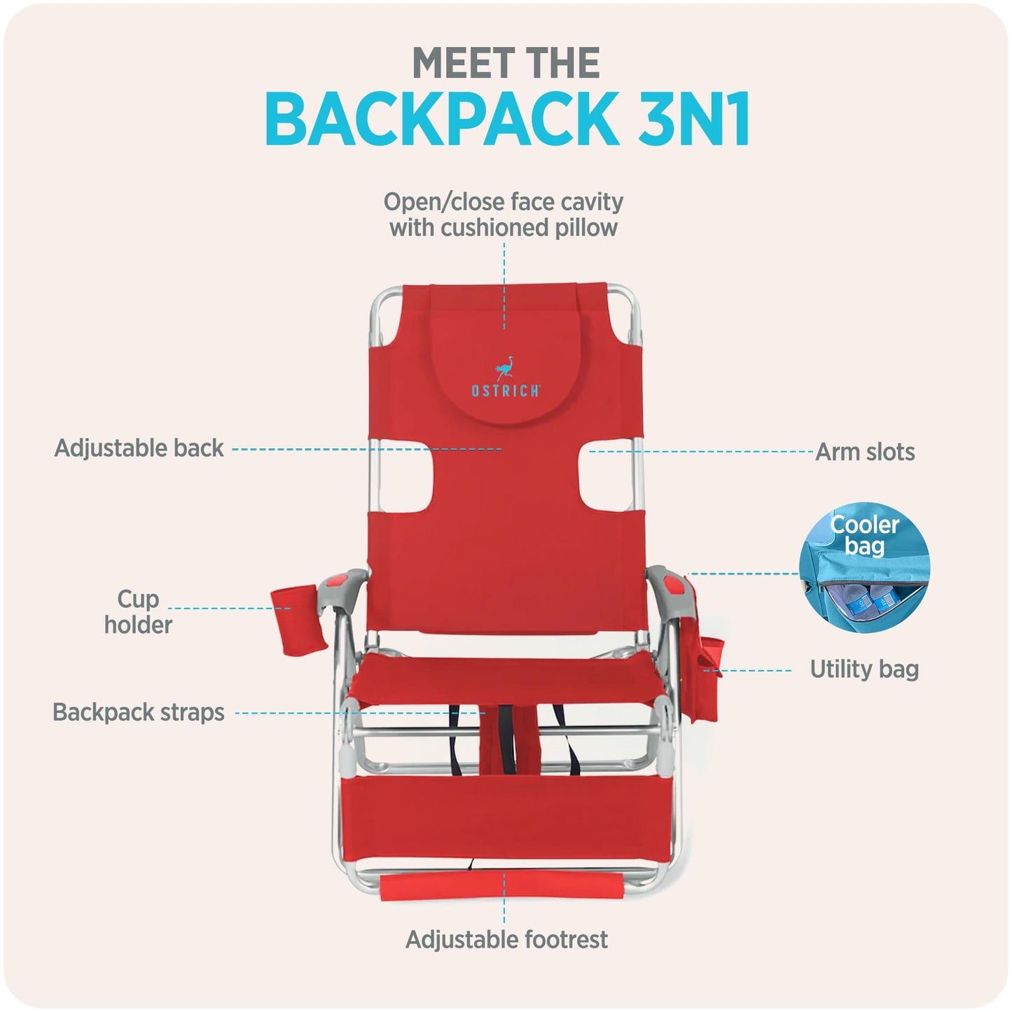 Ostrich the Backpack 3N1 Portable Chair with Cooler Bag and Reclining Lounger for Tanning, Camping, Beach, and Outdoor Essential, Red