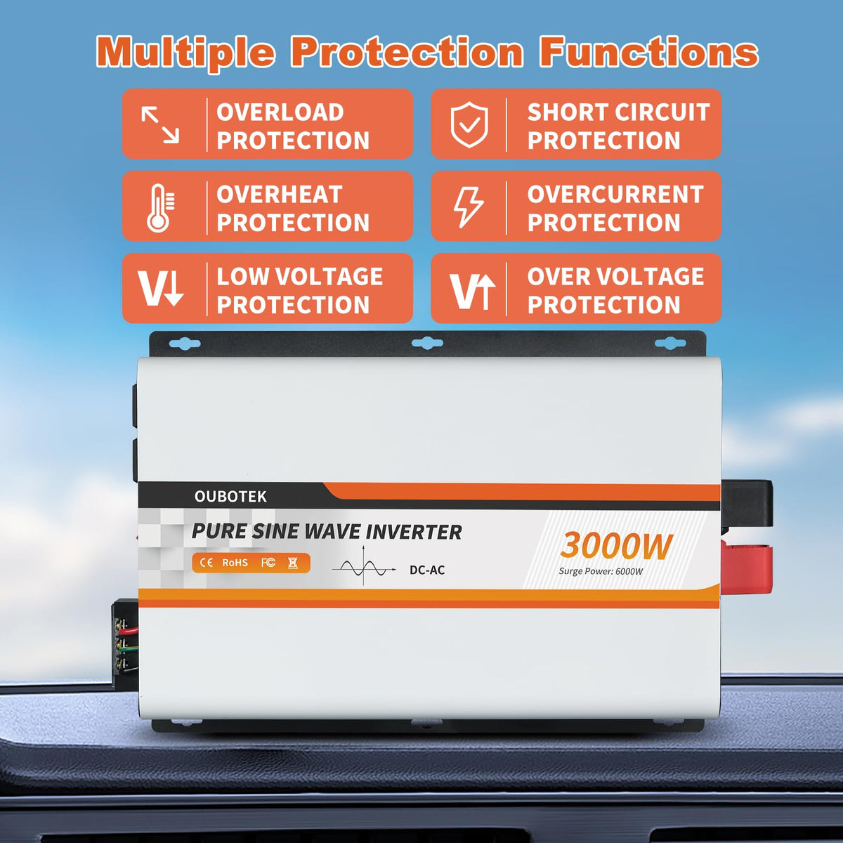 OUBOTEK 3000 Watt Pure Sine Wave Inverter, DC 12V to AC 120V with LCD Display, Remote Control, USB Port, 4 AC Outlets, and Terminal Block for RV Boat Camping Solar System and Home Use