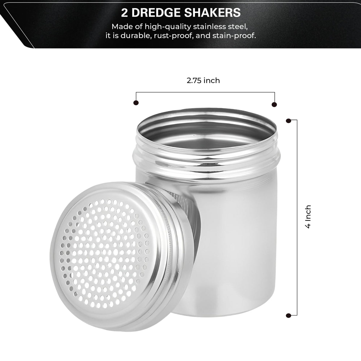 OCS Parts Set of 2 Stainless Steel Dredge Shakers | Without Handle | 10 Ounce Stainless Steel Salt, Pepper, Powdered Sugar an Spice Shakers for Home and Commercial Kitchens