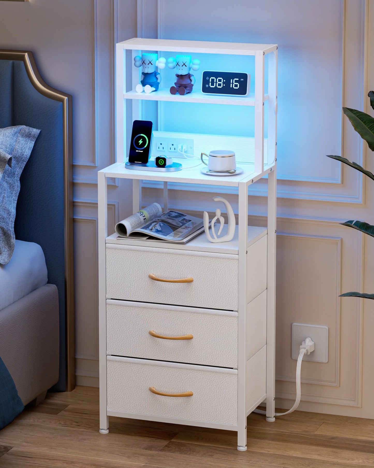 Furnulem Night Stand, White Bedside Nightstand with 4-Tier Shelves and 3 Fabric Drawers, LED Bed Side Tables with Charging Station, Tall Dresser for Bedroom, Hallway, Office