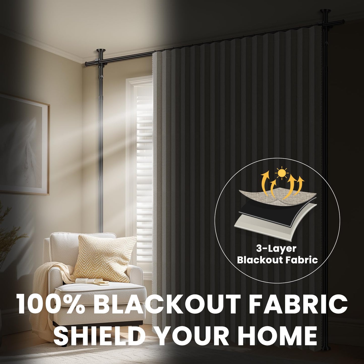 100% Blackout Room Divider Curtains Sets Cream White W100 x L84 in,2 Panels Curtain Rods No Drilling Adjustable Tension (H) 43-120×(W) 35-200 in for Studio Apartment Dorm Office