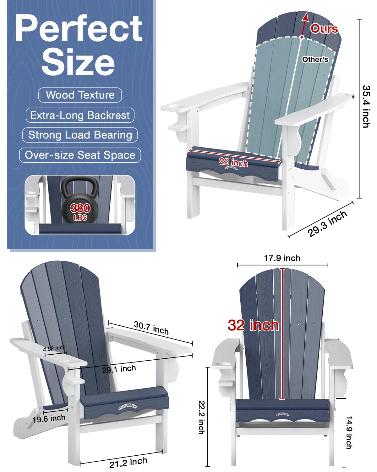 Folding Adirondack Chair –Recyclable HDPE Outdoor Adirondack Patio Chair with Cup Holder, Wood Texture & Umbrella Hole, 25-Year Fade-Free All Weather for Fire Pit, Porch, Poolside, Deck, Blue & White