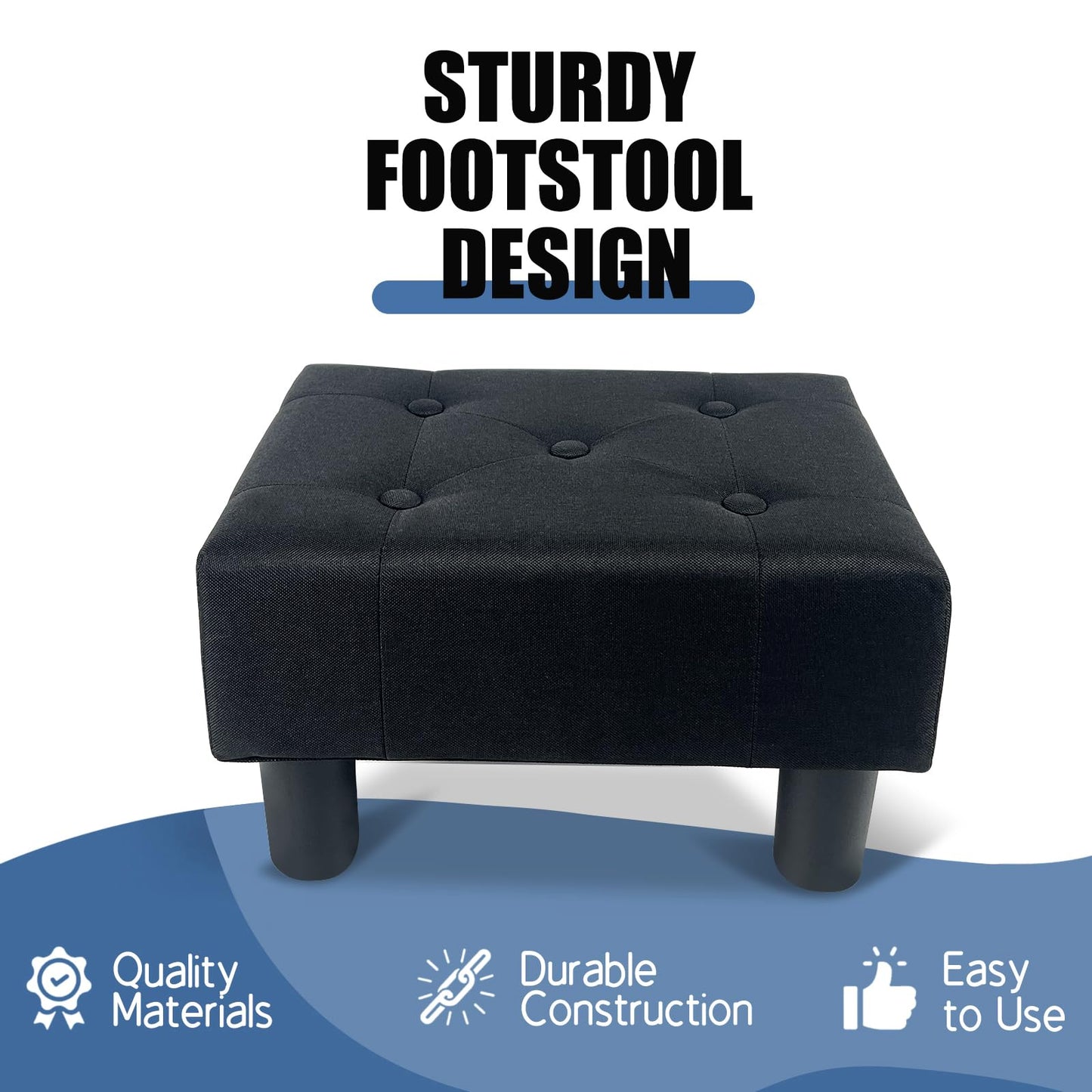 BRIAN & DANY Small Foot Stool, Linen Foot Stools with Legs, Stable Small Footstool for Living Room, Black