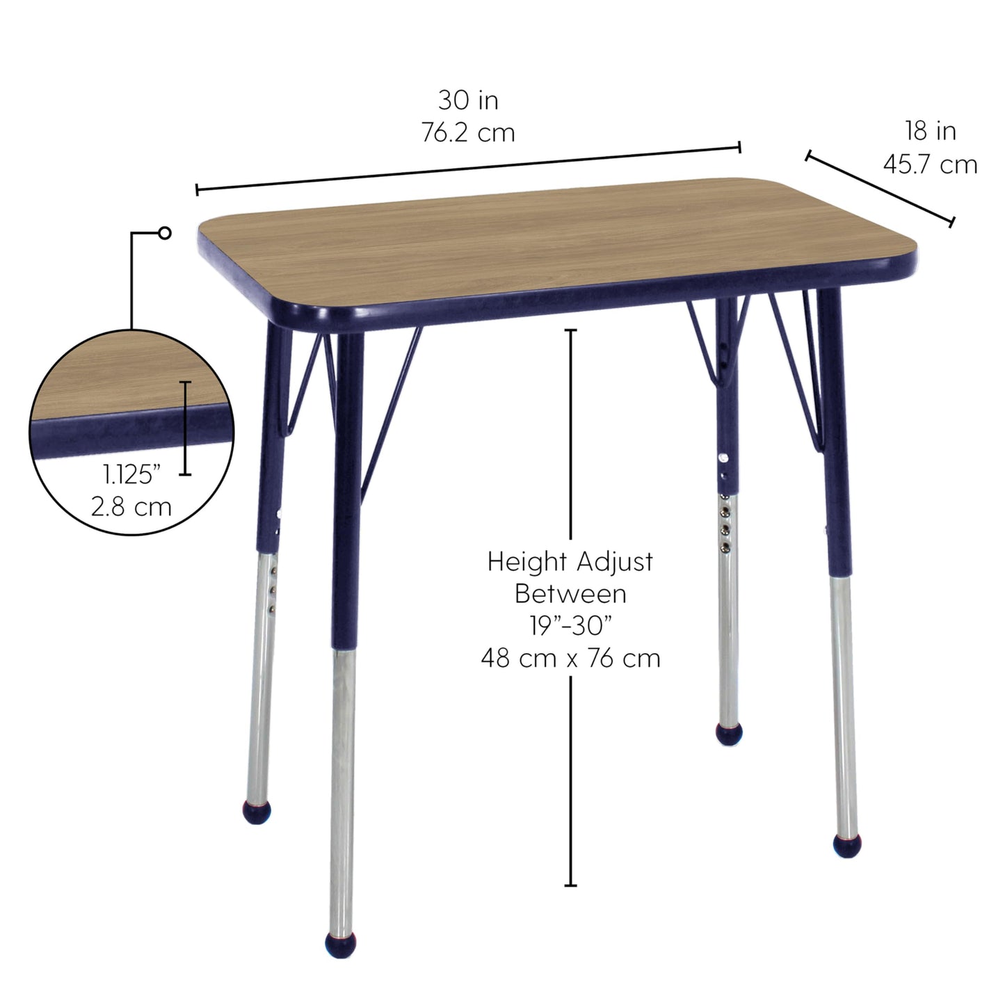 FDP Rectangle (18 x 30 inch) Classroom Single Student Table with Adjustable Standard Ball Glide Legs (19-30 in) and 16" Navy Stack Chair with Ball Glides, 4-Piece - Pasadena Oak Top/Navy Edge and Legs