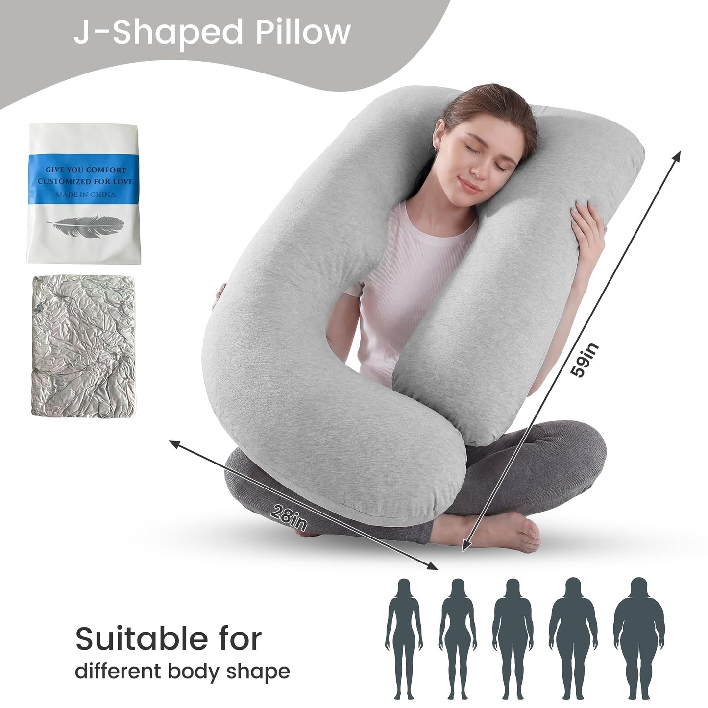 Jcickt Pregnancy Pillow for Sleeping,59 inch Maternity Pillow with Removable Washable Cover,J-Shaped Cooling Full Body Pregnant Pillow -Support for Backs,Legs, Belly, HIPS, Improve Sleep -Gray
