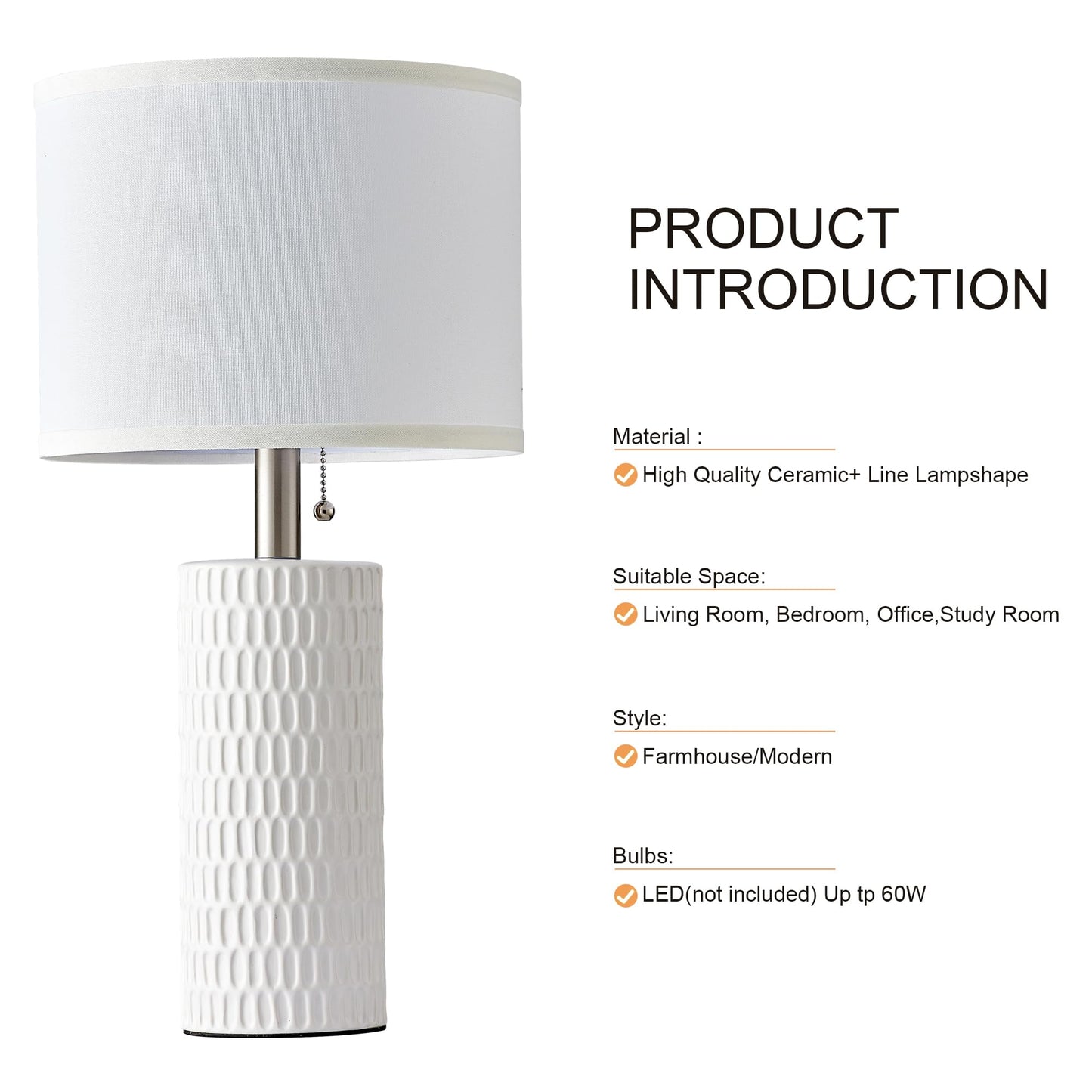 Reaketon 20" Modern Ceramic Table Lamps for Bedroom Set of 2, Small Table Lamps for Night Stands, Living Room, Home Office and Hallways, White