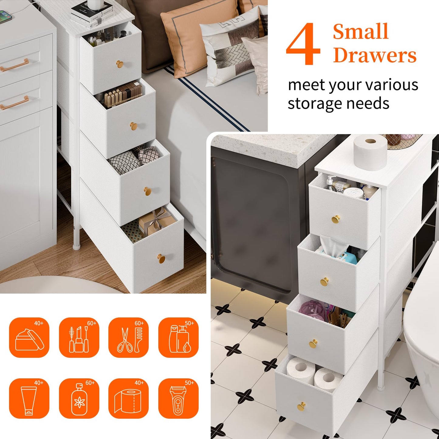 Fixwal Narrow Storage Cabinet, Narrow Nightstand Dresser with 4 Drawers, Slim Fabric Dresser Storage Tower for Small Spaces, White Dresser, for Bedroom, Bathroom, Laundry, Closet