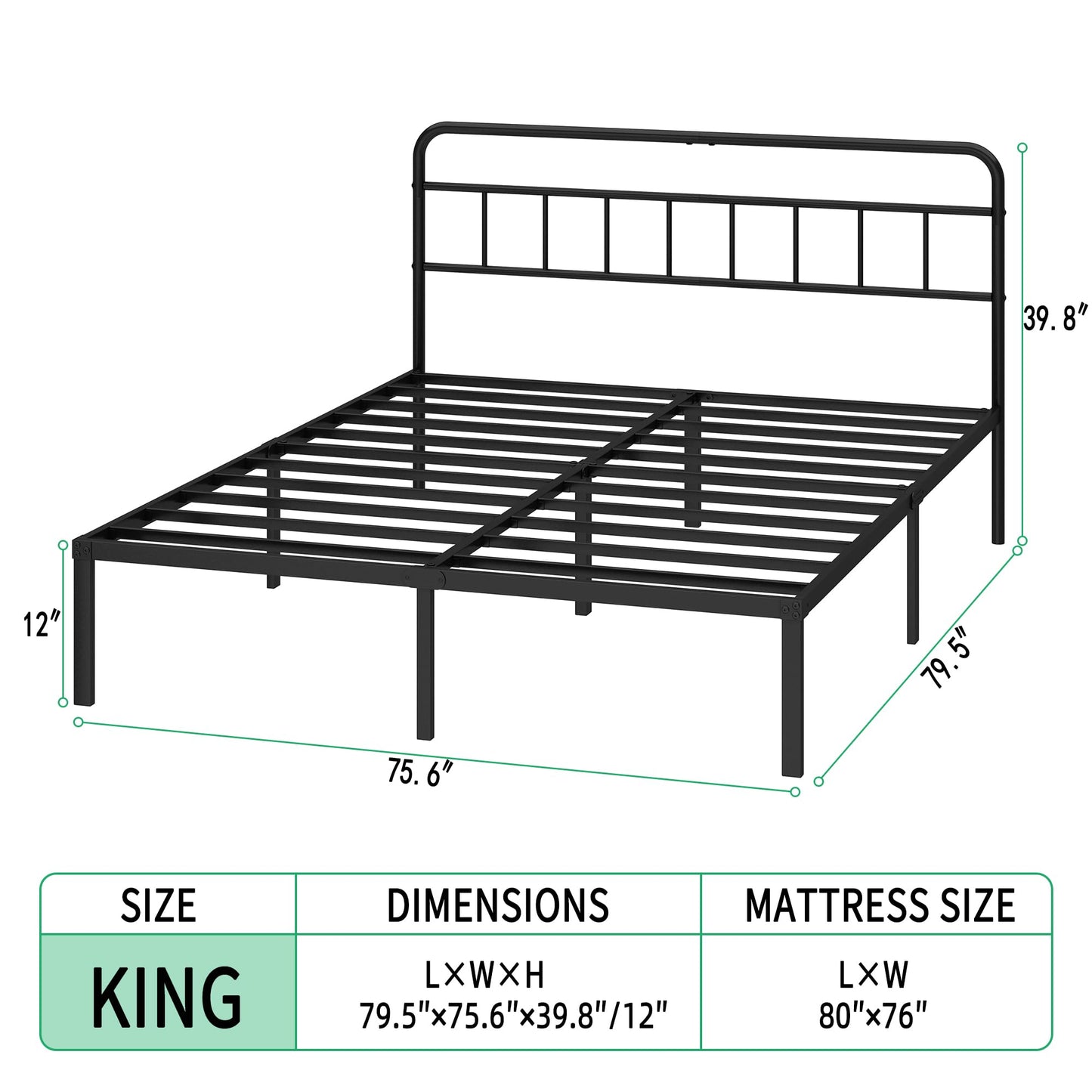 Ziguxiao King Bed Frame with Classic Headboard,Strong Metal Slats Support,Under Bed Storage Space,No Box Spring Needed,Easy to Assemble,Black