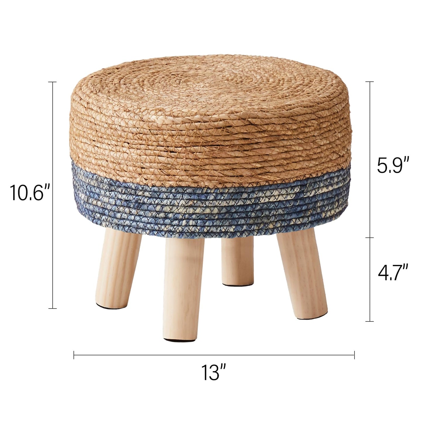 Cpintltr Foot Stool Natural Seagrass Hand Weave Poufs Round Ottoman for Couch Desk Soft Step Stool Padded Foot Rest with Non-Skid Pine Legs for Hallway Office Lounge Natural/Blue