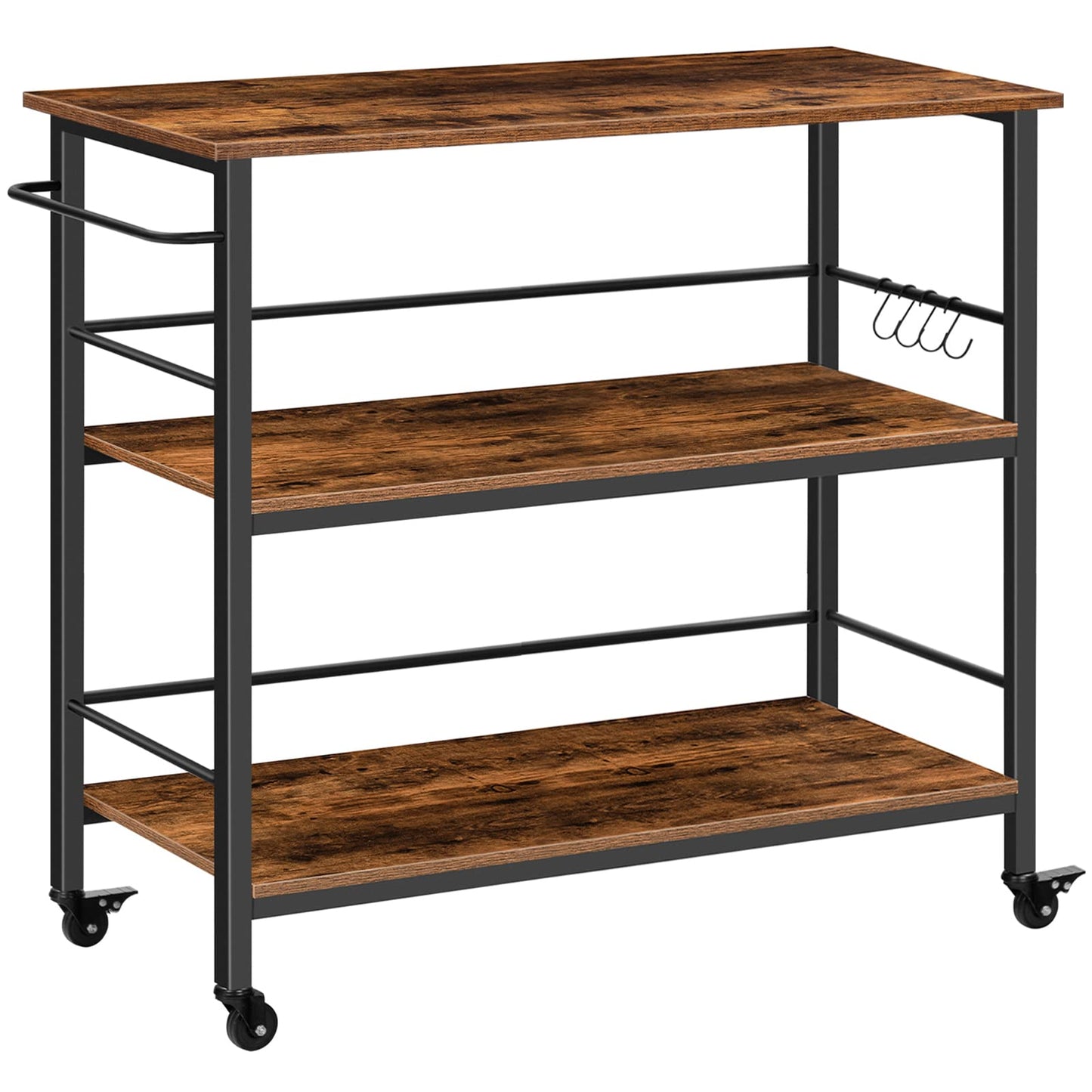 HOOBRO Kitchen Island with Storage, Industrial Kitchen Counter with Hooks and Side Enclosures, 3 Tier Kitchen Cart with Large Workstation, Saving Space, Easy Assembly, Rustic Brown and Black BF03ZD01