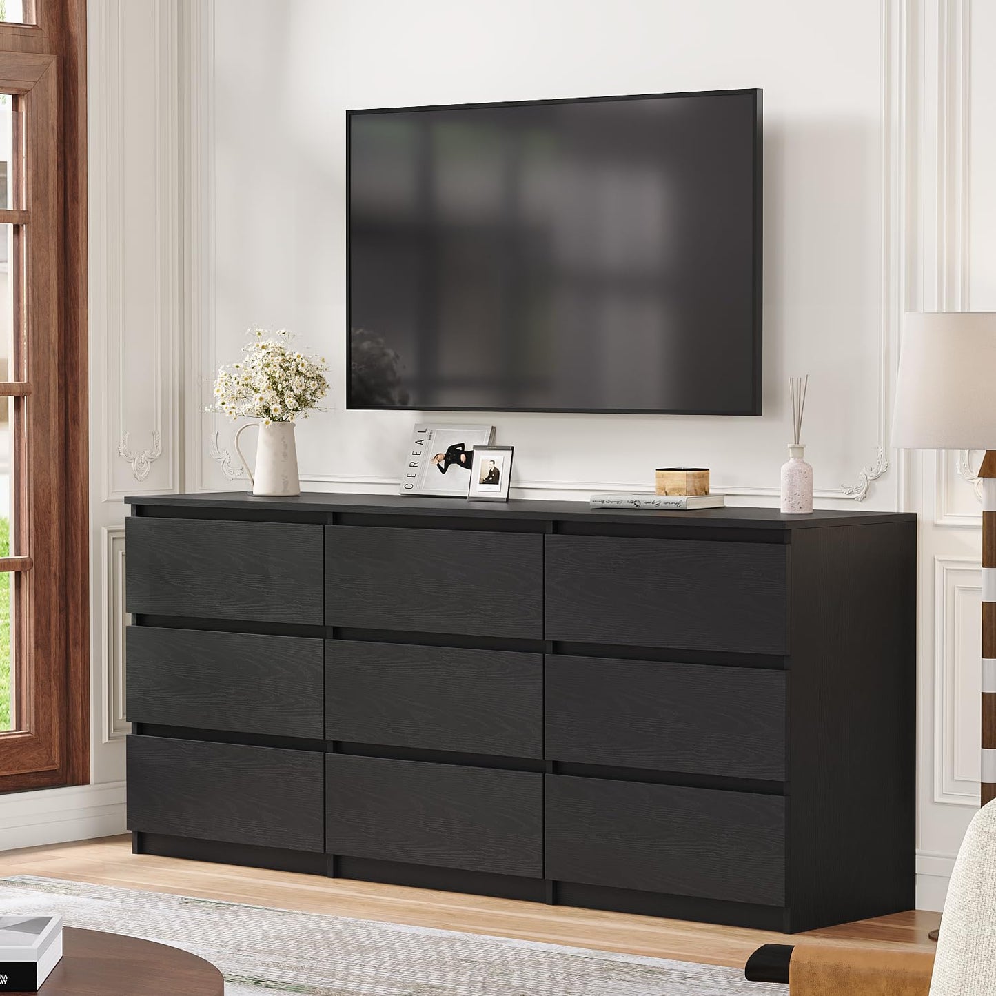 Angel Sar 62'' Black Dresser for Bedroom, Modern 9 Drawer Wood Dresser with Handle-Free Design & Thick Panel, Minimalist Storage Cabinet for Clothes, Entryway Use