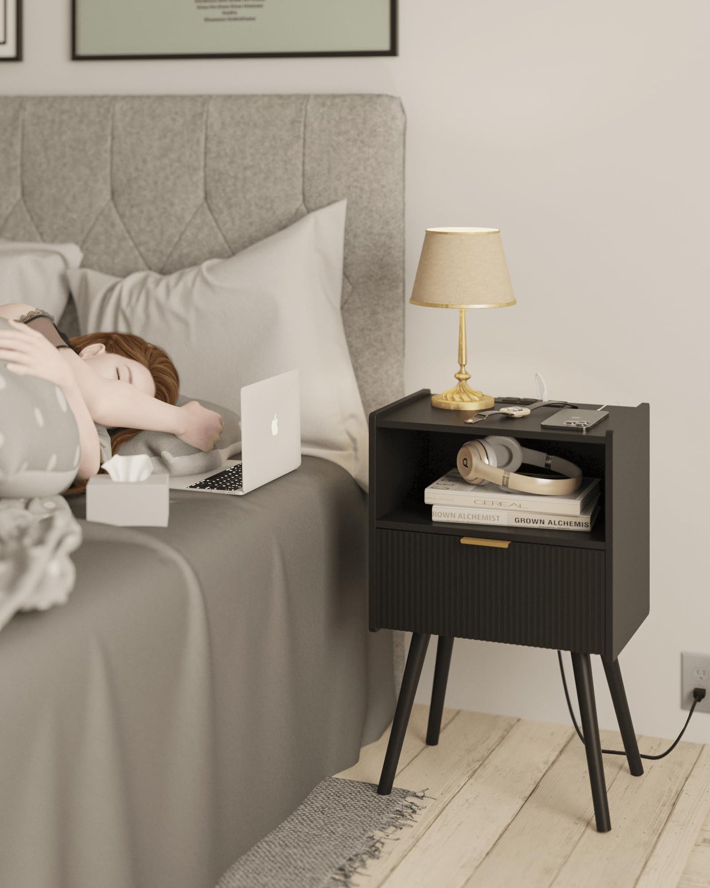JOONEE Black Nightstand with Outlet,Modern Bedside Table with Storage Drawer and Open Wood Shelf, for Living Room, Bedroom and Small Spaces, Accent Night Stand with Solid Wood Legs, Easy Assembly