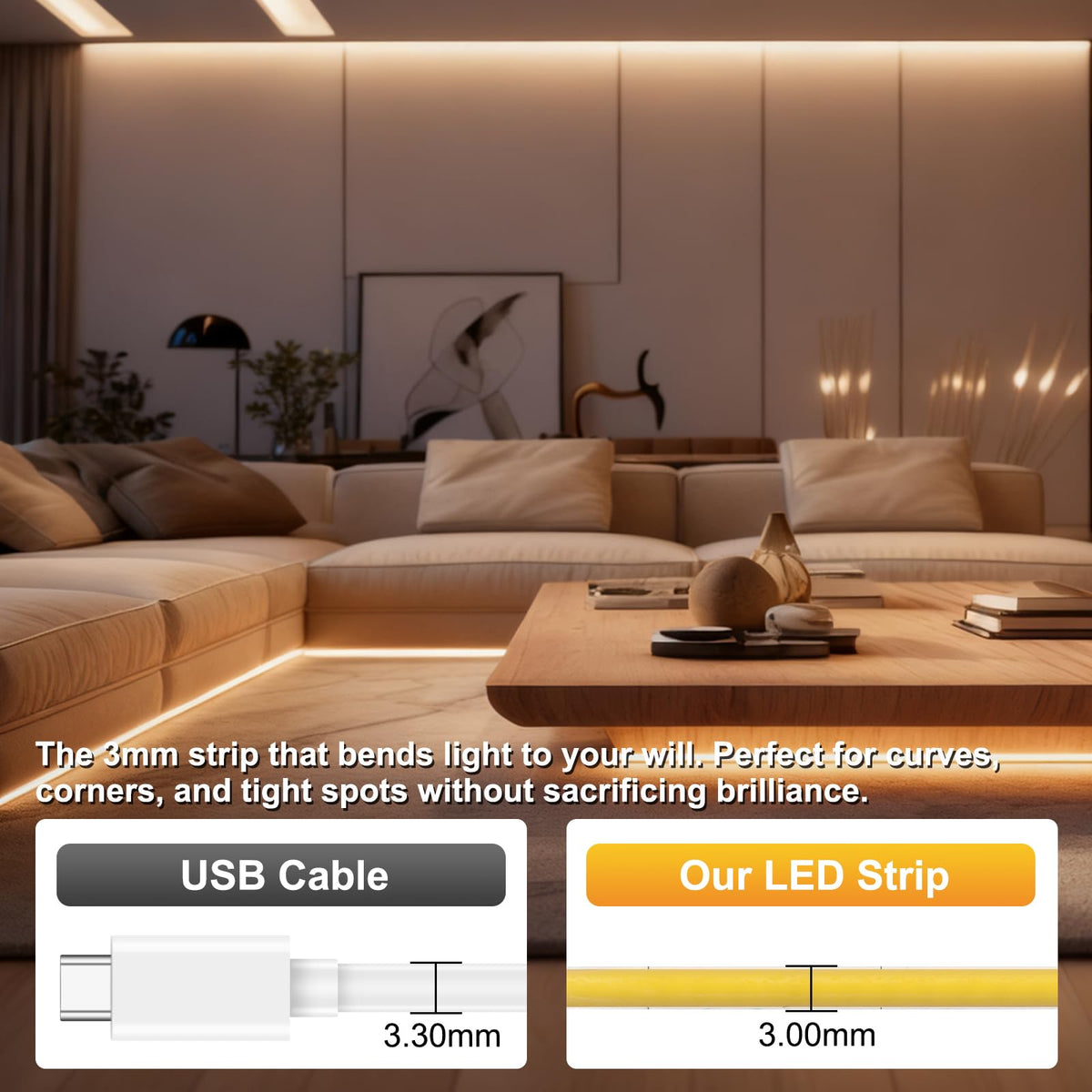 3mm COB Strip Light, DC 12V Ice Blue 16.4ft Flexible Cuttable Ultra-Thin LED Tape CRI>90 Uniform Dotless 400LEDs/M LED Light for Christmas Bedroom Home Kitchen Cabinet Decor (NO Power Supply)
