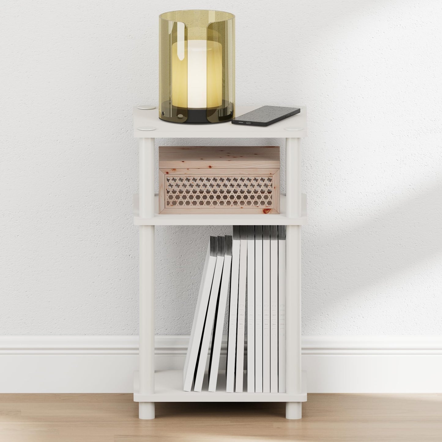 Furinno Just Turn-N-Tube Open Storage Nightstand, 1 Pack, 3-Tier, White/White