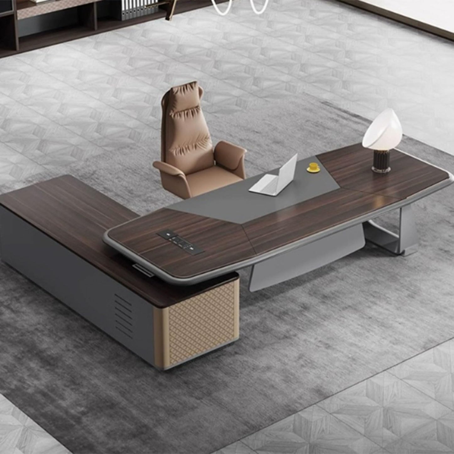 LSIGHTUS Brown Wood Executive Office Desk with Lateral Cabinet Writing Study Table Business Furniture Set for CEO Boss