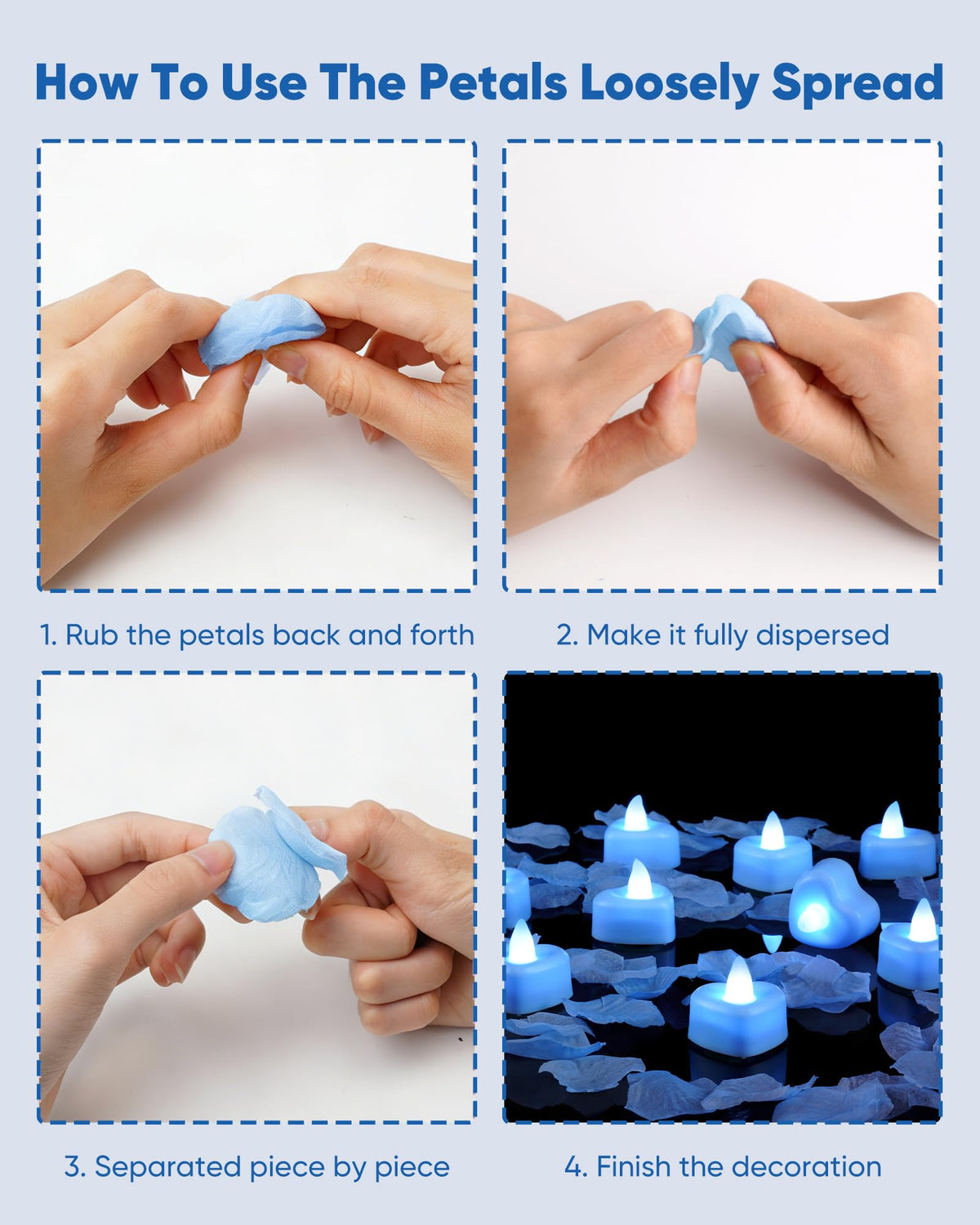 Amagic 2000 Pieces Light Blue Artificial Rose Petals with 24 Light Blue LED Tea Lights, Rose Petals and Candles Set for Proposal, Anniversary, Romantic Night, Wedding Decor