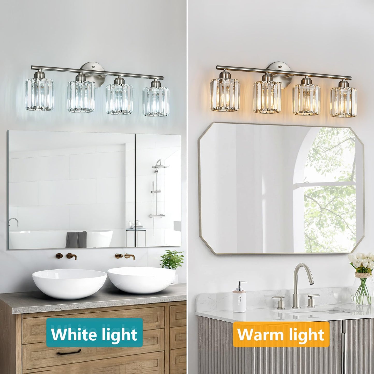 FDPBY Modern 4 Light Crystal Vanity Light, Brushed Nickel Vertical Bathroom Light Fixture Over Mirror for Dressing Table Sink, Compatible with Dimmable Bulbs (Bulbs Not Included)