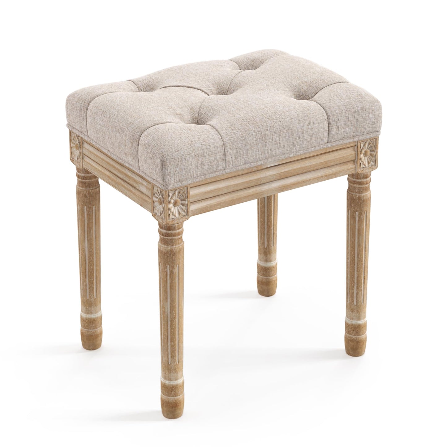 LUE BONA Upholstered Fabric Vanity Bench Seat, Makeup Stools for Vanity, Square Tufted Ottoman Bench with Carved Wood Color Legs for Bedroom Living Room, Linen Color