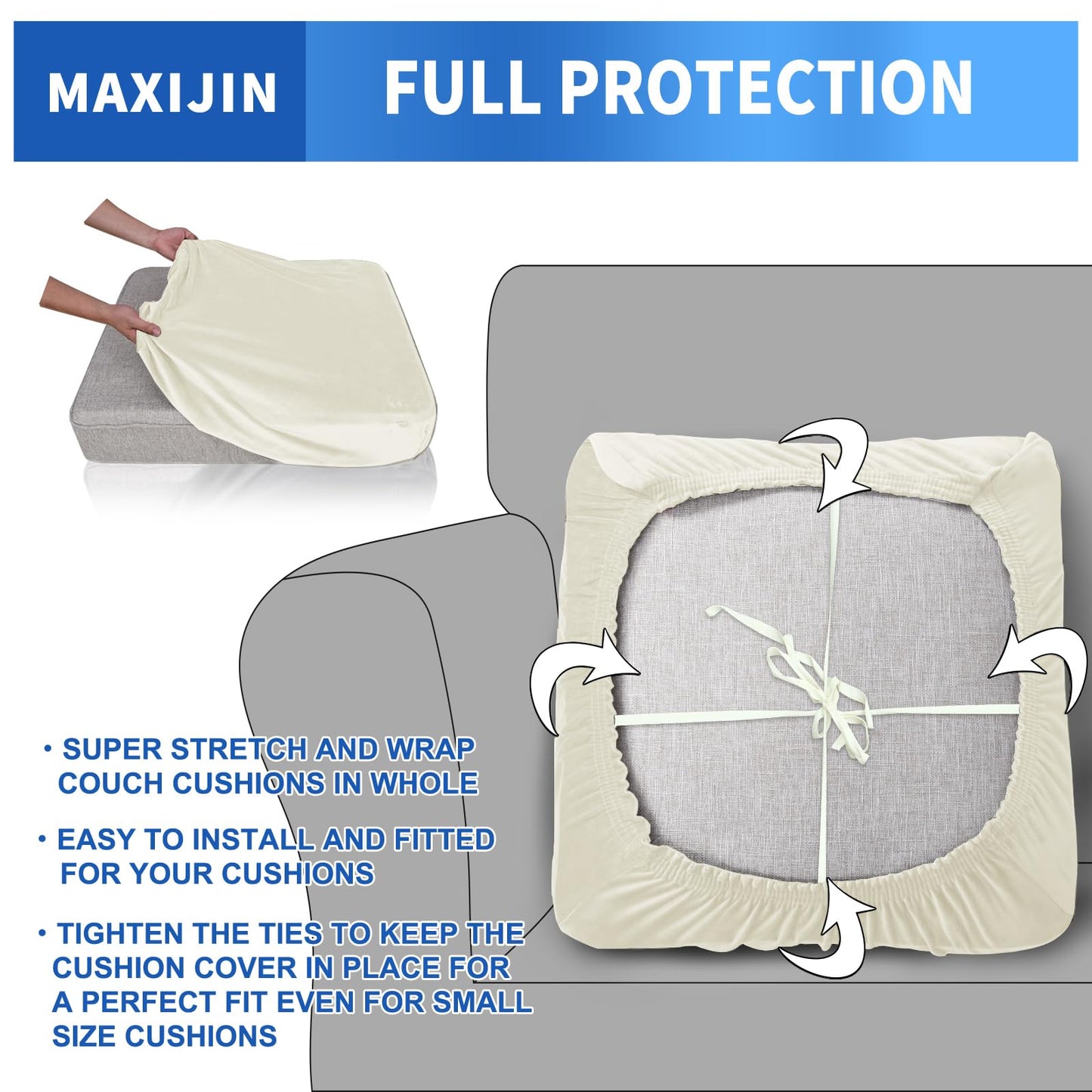 MAXIJIN Velvet Stretch Cushion Cover Fitted Couch Cushion Slipcovers 1 Pack Arm Chair Seat Cushion Cover for Individual Cushion Sofa Chair with Elastic Bottom (Chair Cushion, Beige)