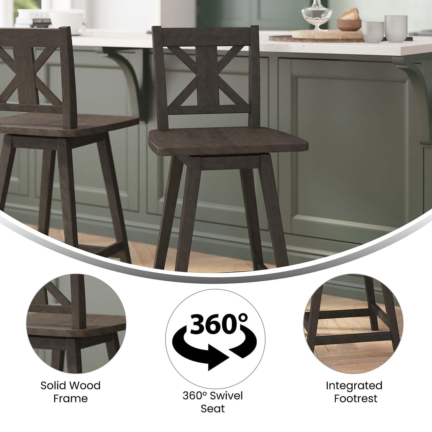 Flash Furniture Gwendolyn Commercial Grade Modern Farmhouse Barstool - Gray Wash Walnut Solid Wood Frame - Counter Height - 360° Swivel Seat - Integrated Footrest