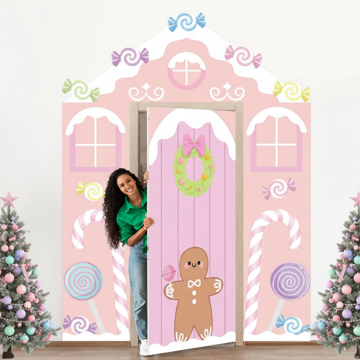 Hahafelt 4 Pcs Pastel Candy Christmas Gingerbread Door Covers Decoration Xmas Pink Gingerbread House Candy Door Backdrop Christmas Photo Booth Props Porch Sign for Holiday Classroom Home Party Decor