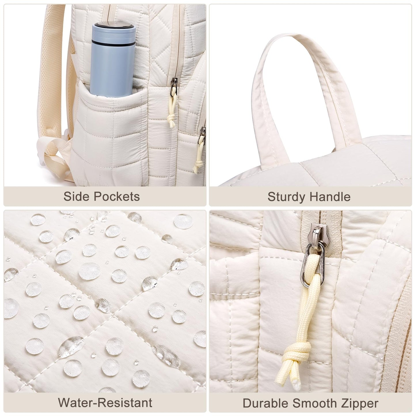 kadilong Laptop Backpack for Women College Travel,Quilted Daypack Bookbag for School Teen Girls Mochilas Mujer,Beige