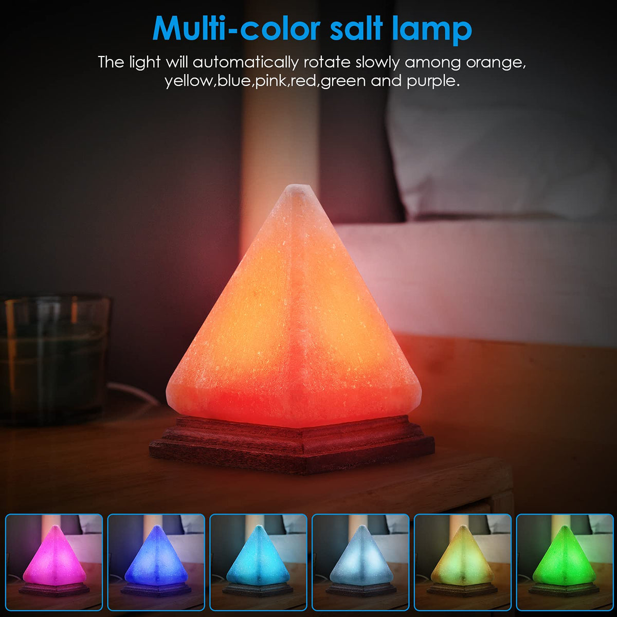 AMIR Pyramid Salt Lamp, 8 Colors Changing Himalayan Salt Lamp Crystal Rock Lamp, USB Salt Lamps Release Negative Ions for Bedroom, Living Room, Office Home Deco Yoga Gift