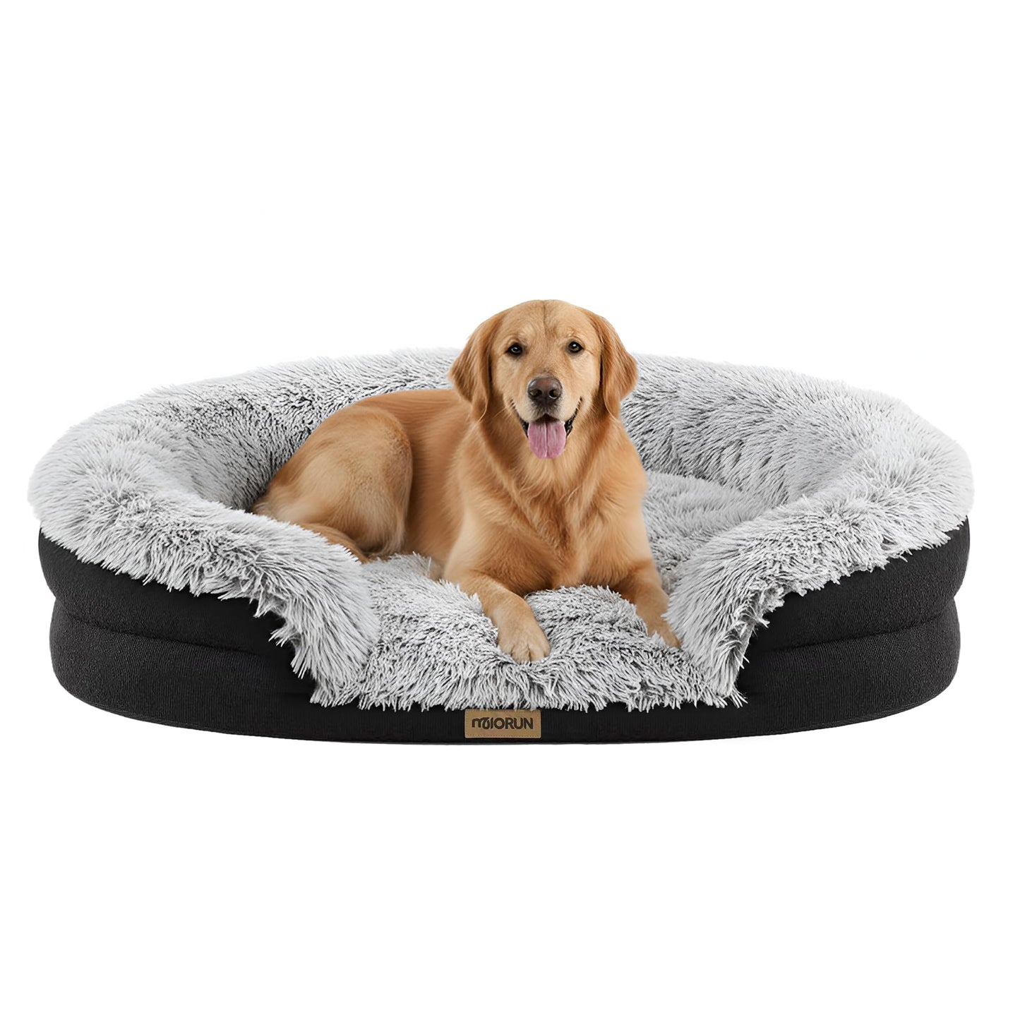 Miorun Fluffy Orthopedic Dog Bed for Large & Extra Large Dogs, Calming Plush Sofa Bed with Curved Bolster Support and Egg-Crate Foam Base, 43" Cozy Oval Pet Donut Bed with Washable Cover, Gray