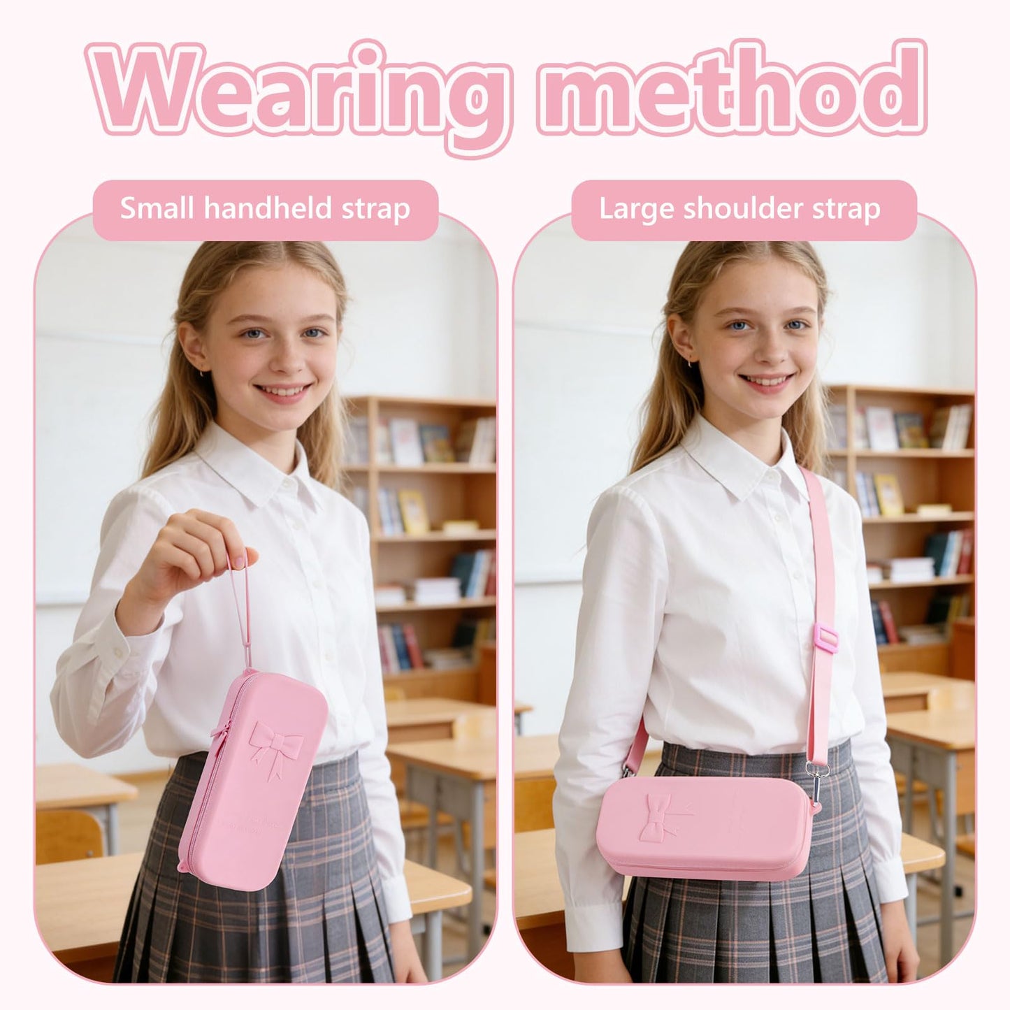 SEEZIZI Soft Silicone Bow Pencil Case, Large Capacity Aesthetic Pen Pouch Organizer with Handle & Strap,Big Pencil Bag for Girls Women, Kawaii School College Travel Supplies - Pink