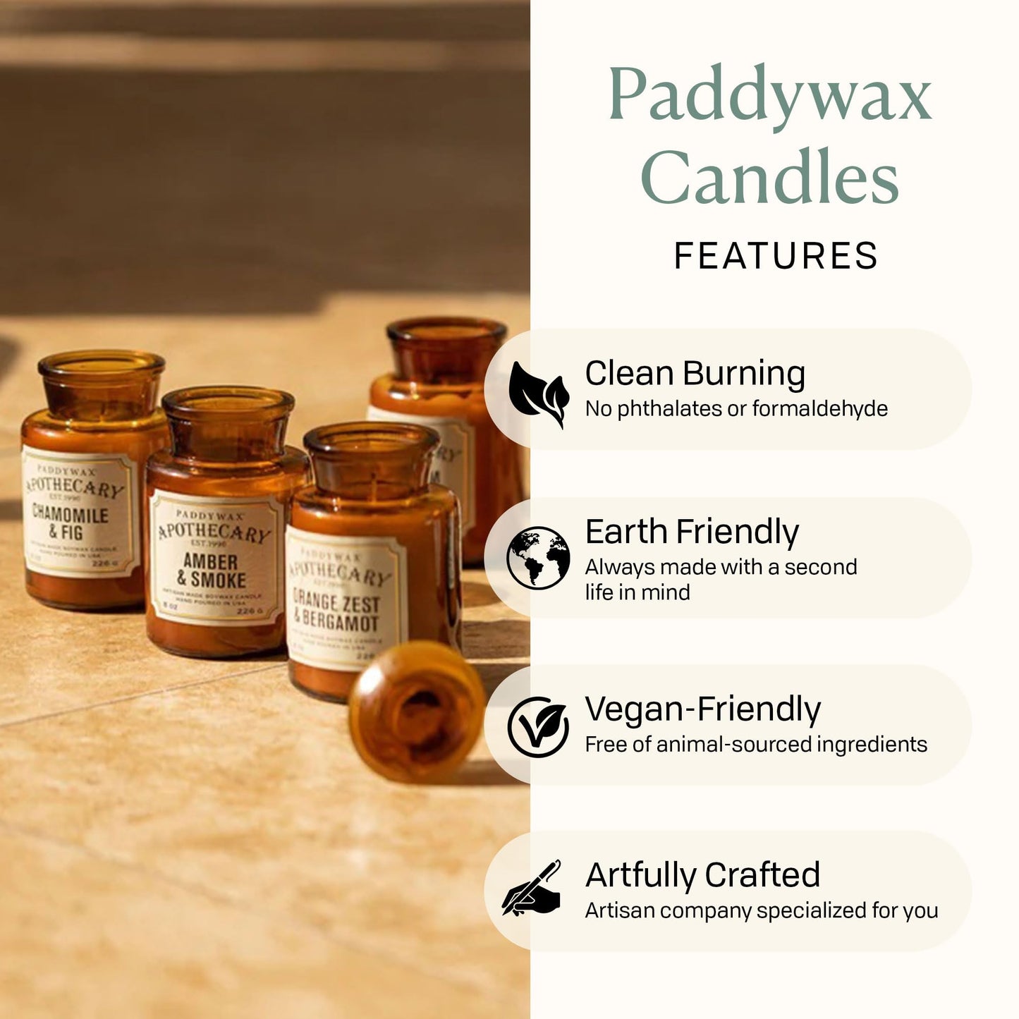 Paddywax Artisan Apothecary Scented Candle with Lid in Reusable Glass Jar, Clean-Burn Soy Candle with Approx. 54 Hour Burn Time, Amber & Smoke, 8 oz.
