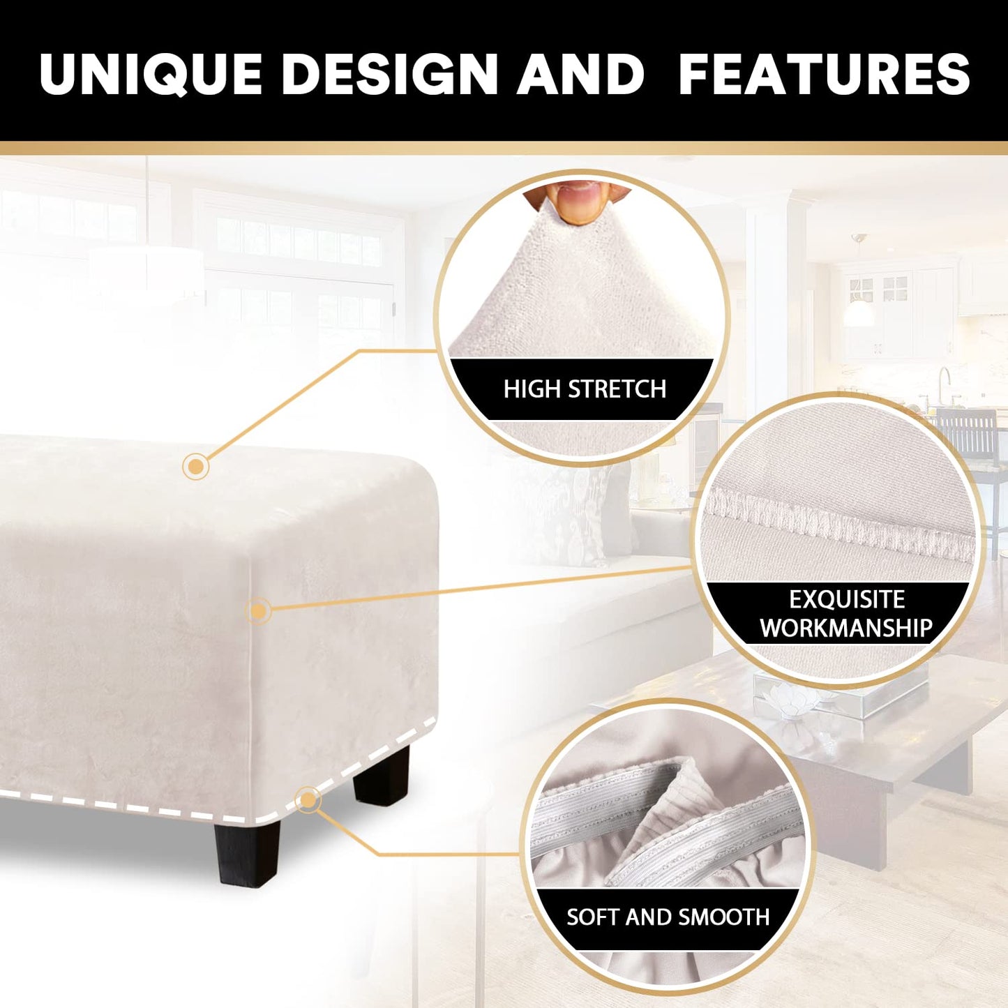 PrinceDeco Real Velvet Plush Ottoman Cover Soft Rectangle Folding Storage Covers Furniture Protector Removable Footstool Protect Footrest Covers Elastic Bottom(Large, Ivory)