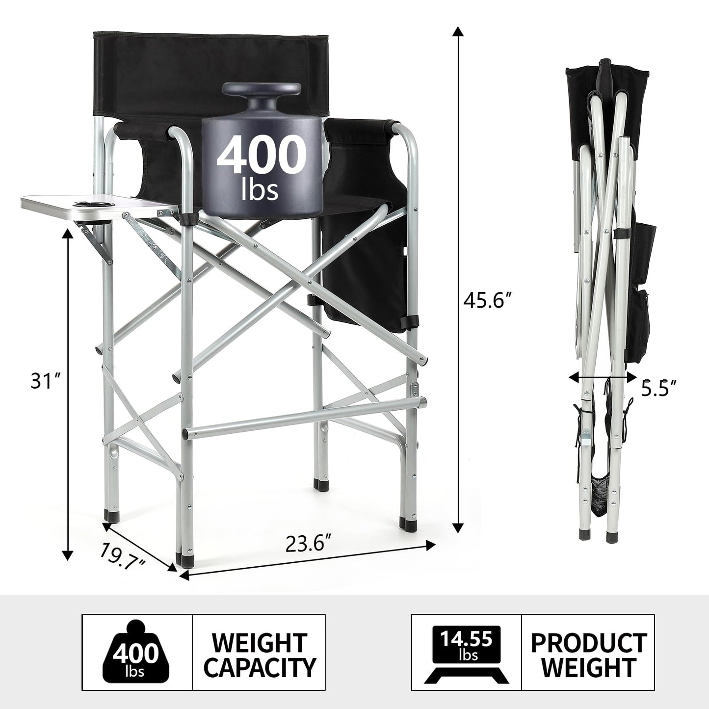 GDGYOFN Makeup Chair for Makeup Artist 45.6'', Tall Directors Chairs Foldable for Clients with Side Table Cup Holder Storage Bag and Footrest, Folding Chair 400lbs Capacity Black