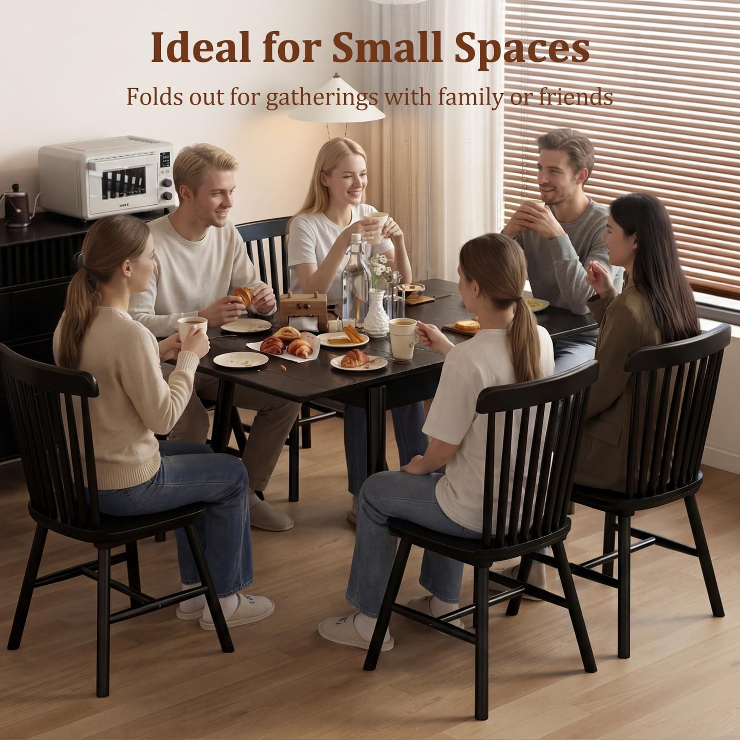 DONGMUWUJEE Solid Wood Small Dining Table, 23.6"L-47.2"L Expandable Kitchen Table for 2-6, Designed for Small Spaces, Easy Assembly, Suitable for Kitchen, Dining Room, Living Room, Apartment (Black)