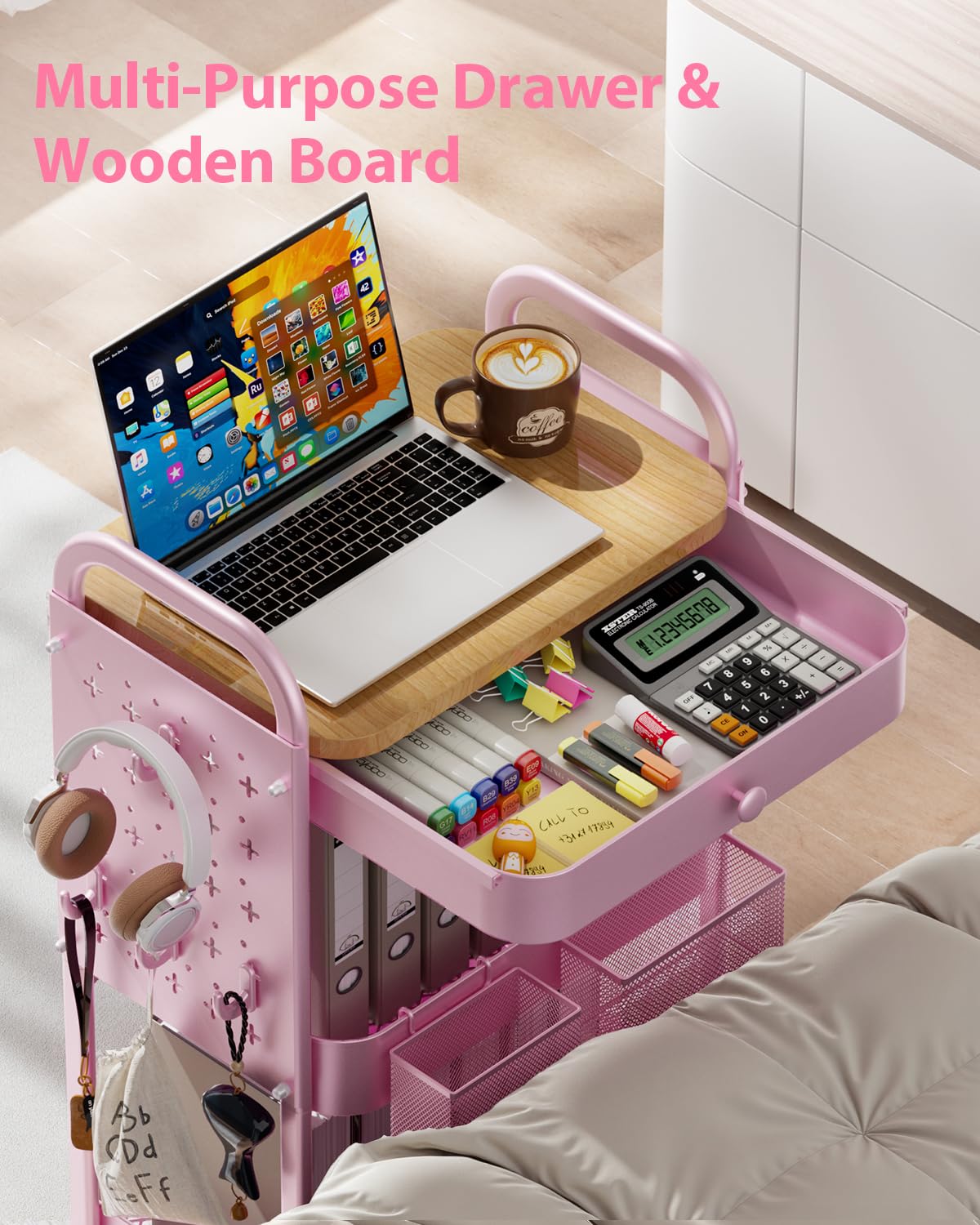 ALVOROG Rolling Cart with Drawer and Wood Table Top, 3 Tier Metal Rolling Utility Cart on Wheels with DIY Pegboards, Hanging Baskets,Hooks for Kitchen, Bedroom, Office, Craft Supplies