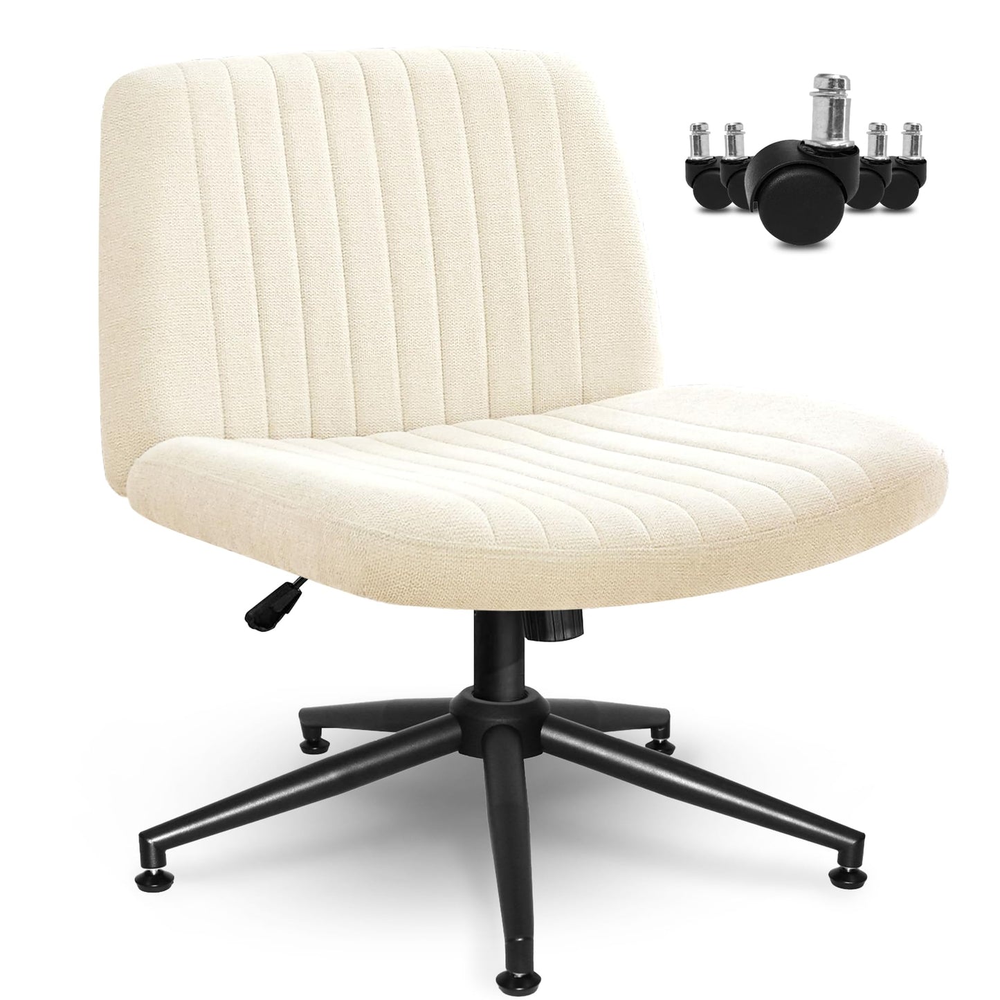 Orange Factory Criss Cross Chair Wheels Wide Cross Legged Office Desk Vanity Dual Base Comfy Fabric Armless Adjustable Swivel for Home Computer Task (Beige Dual Base, Fabric)
