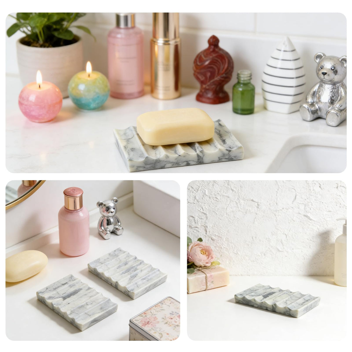Marble Soap Dish, Draining Soap Dish - Rectangular Lotus Green with Natural Stone Texture, Non-Slip Bathroom Soap Holder for Shower/Bathroom Countertop, Decorative & Durable