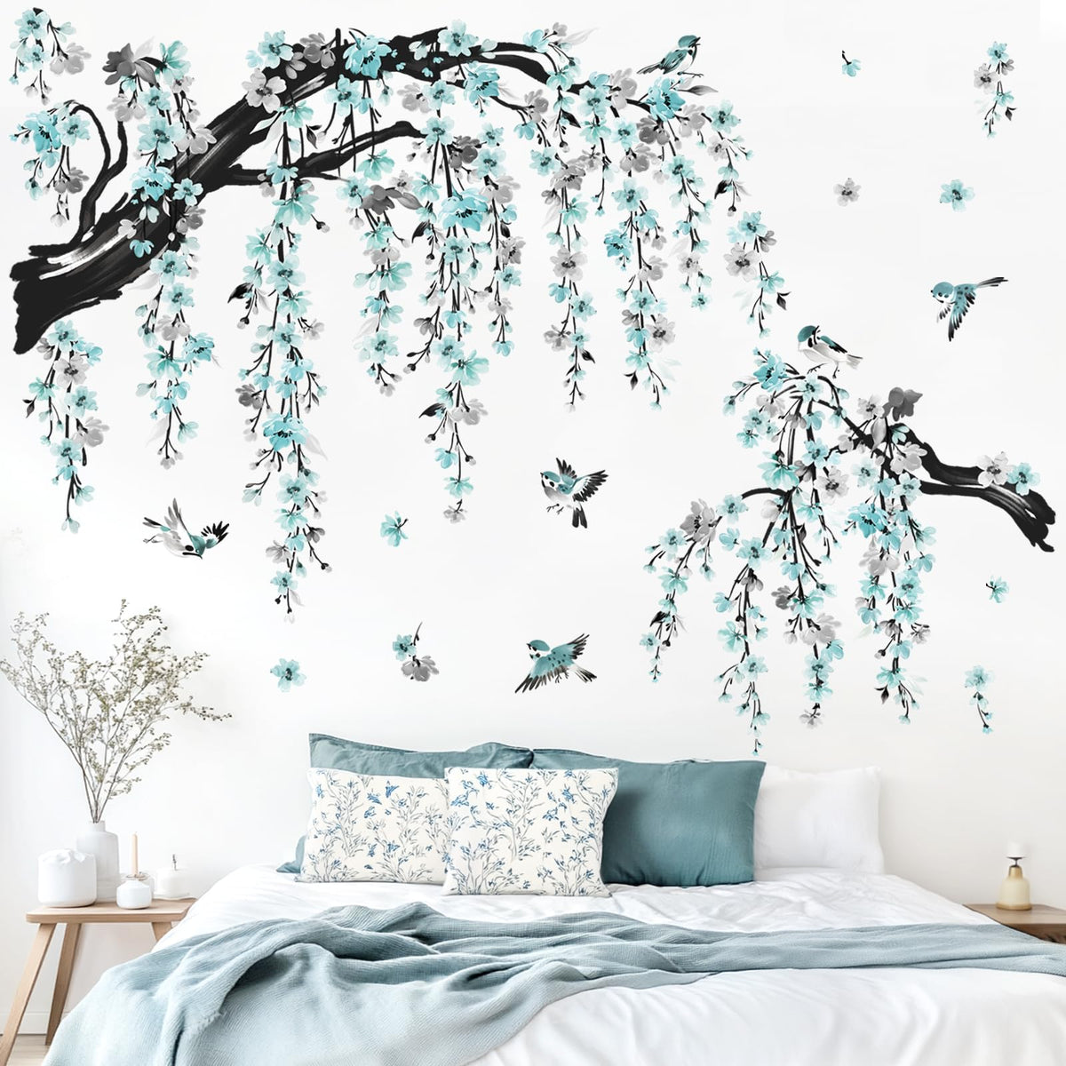 wondever Large Watercolor Flower Branch Wall Stickers Blue Blossom Tree Branches Peel and Stick Wall Art Decals for Living Room Bedroom TV Wall