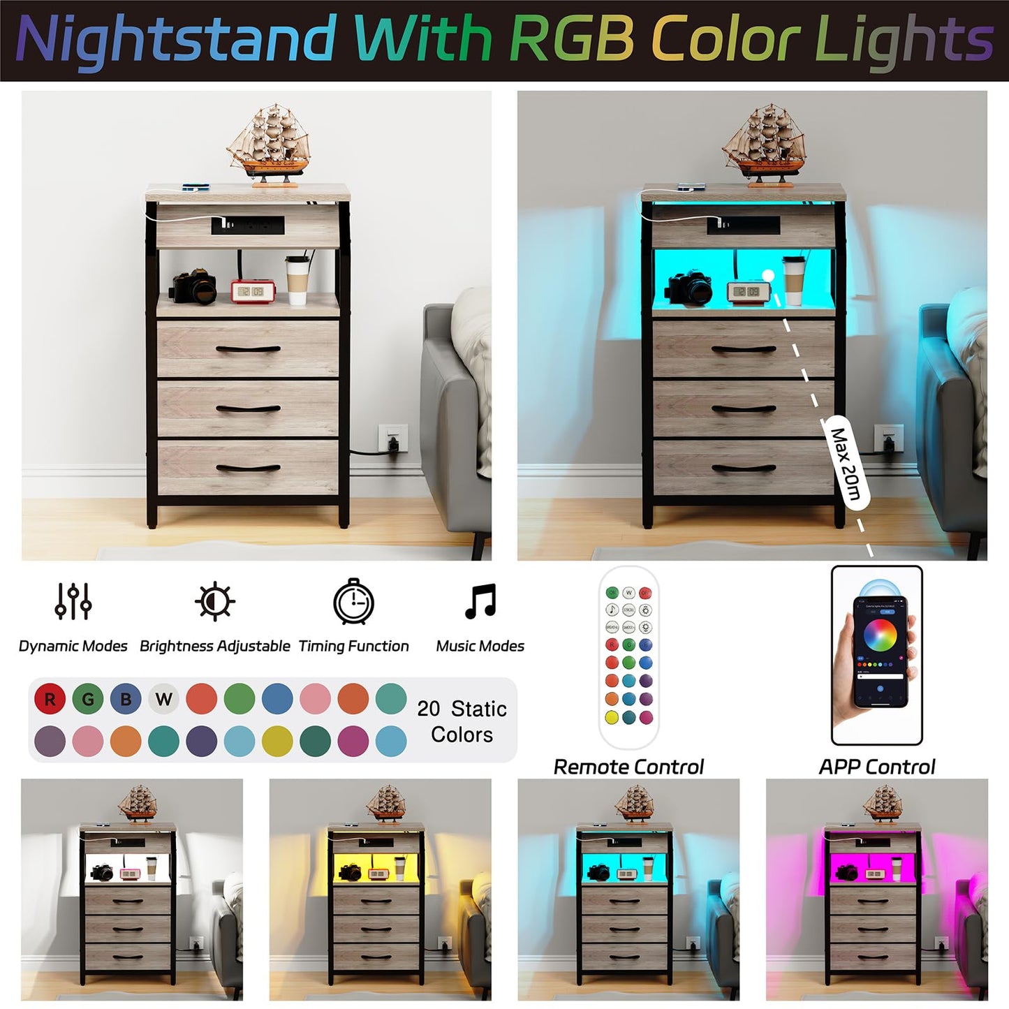 SZLHANJZ End Table with 3 Drawers, Night Stand with Charger Station and LED Lights, Small Nightstand with Fabric Storage, Farmhouse Side Table for Bedside, Living Room, Dorm, Greige