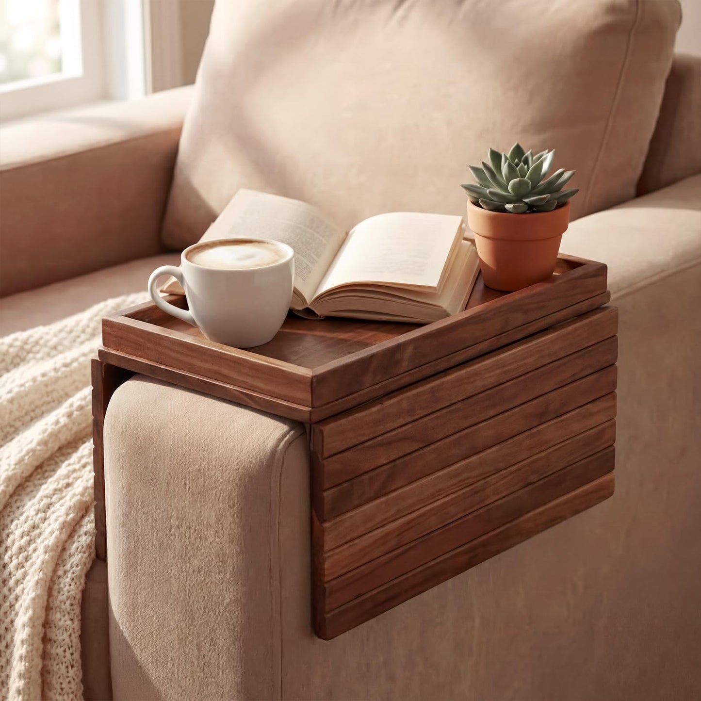 B-Zefyrn Sofa Arm Tray, Foldable Bamboo Couch Armrest Table with Large 12.5" x 5.8" Storage Compartment, Portable Chair Couch Caddy Arm Tray for Cup TV Snacks Phone