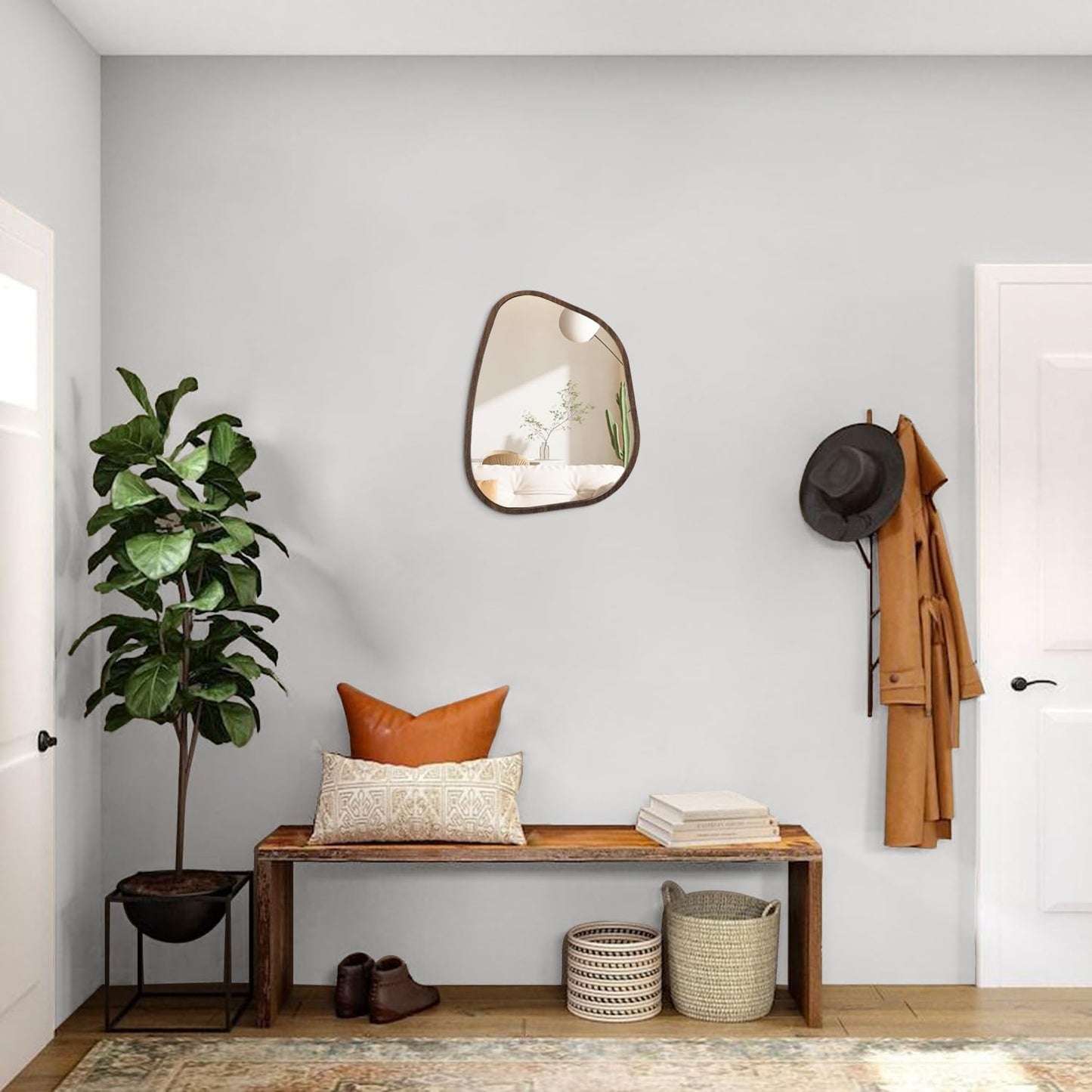 HLFMVWE Asymmetrical Wall Mirror Irregular Wood Frame Modern Unique Wall-Mounted Artistic Wavy Mirror Decor Bathroom Vanity Bedroom Living Room Entryway Hallway 14"x10"
