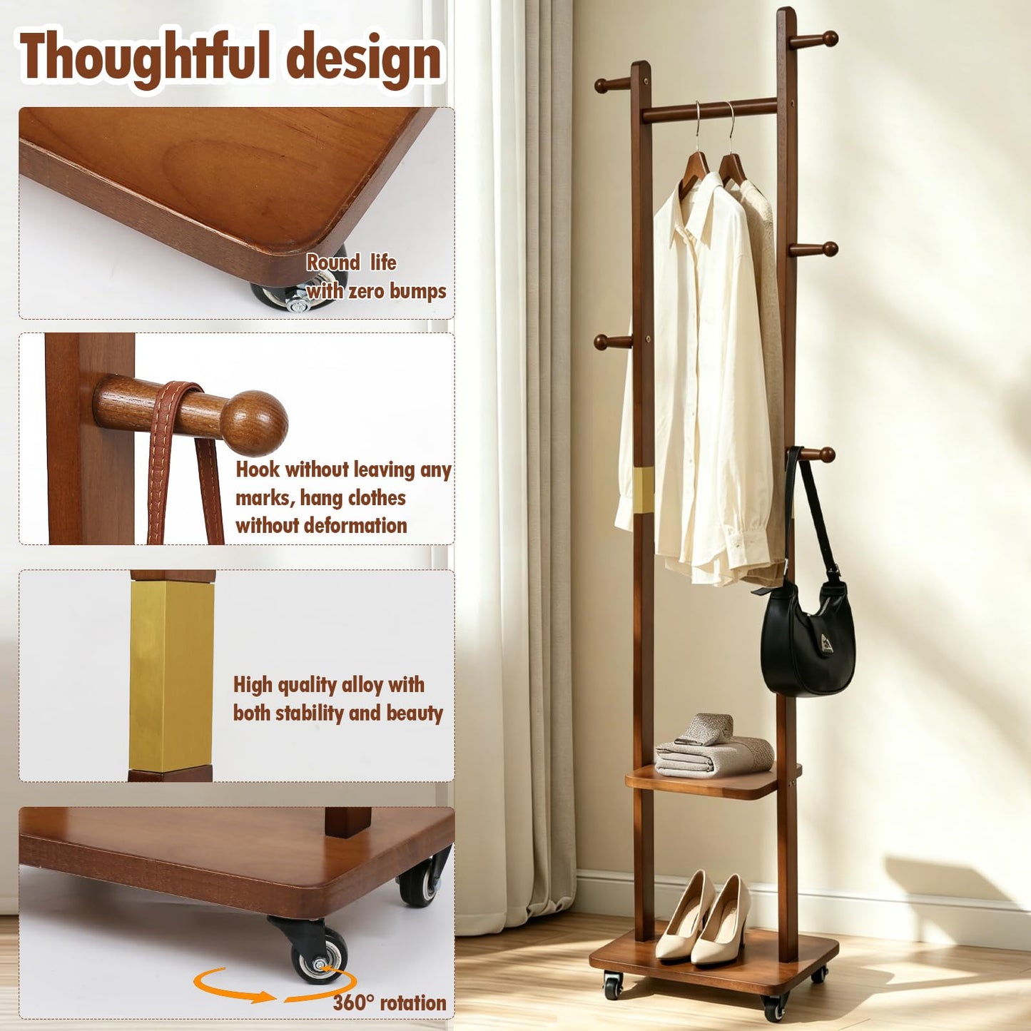 Solid Wood Coat Rack with Wheels - 2-Tier Freestanding Clothing Rack with 5 Hooks & Storage Shelves, Heavy Duty Rolling Clothes Stand for Entryway, Bedroom, Corner