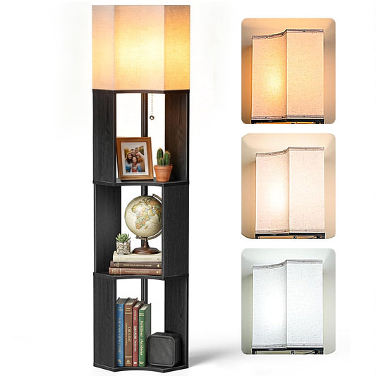 Yosamio Floor Lamp with Shelves, Modern 3-Tier Wood Corner Storage Bookshelf Lamp for Living Room, 3 Color Temperatures LED Bulb Included, Tall Wooden Display Light, Black