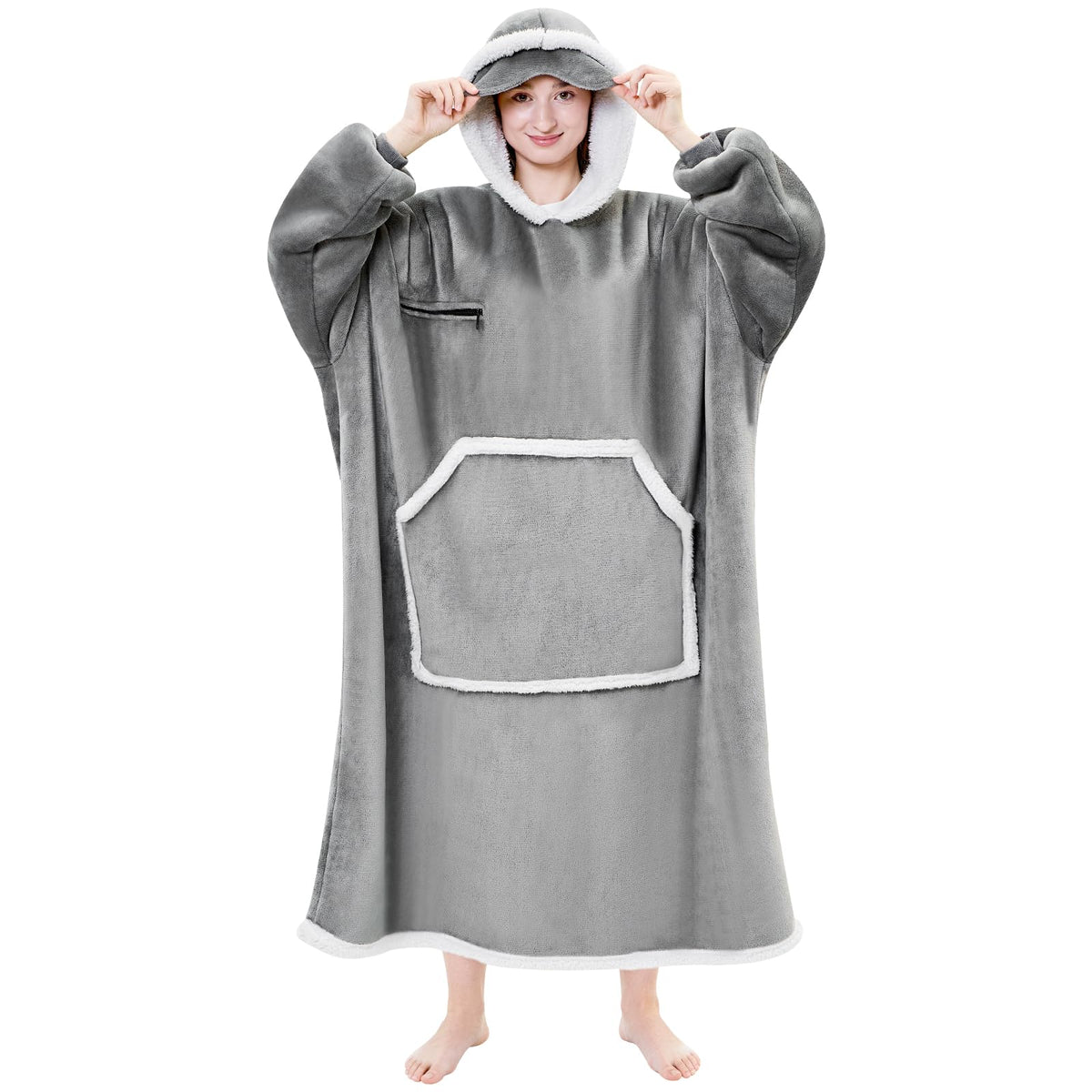 IFNOW Wearable Blanket Hoodie,Oversized Sherpa Hooded Blanket Sweatshirt with Eye Mask and Pocket,Cozy Flannel Blanket with Sleeves for Adult, Christmas Birthday Gifts for Women Mom Girlfriend,Grey