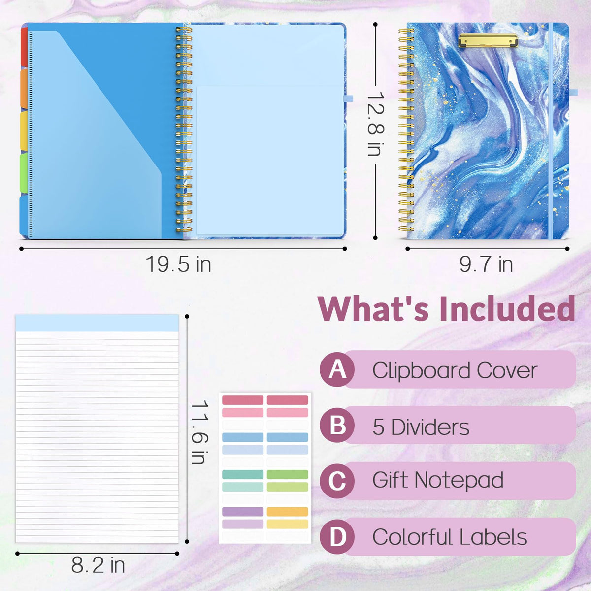 Sooez Clipboard Folio with Refillable Notepad, Folder with 10 Storage Pockets for Letter Size, Spiral Clipboard Notebook, Cute Portfolio for School, Office & Nursing